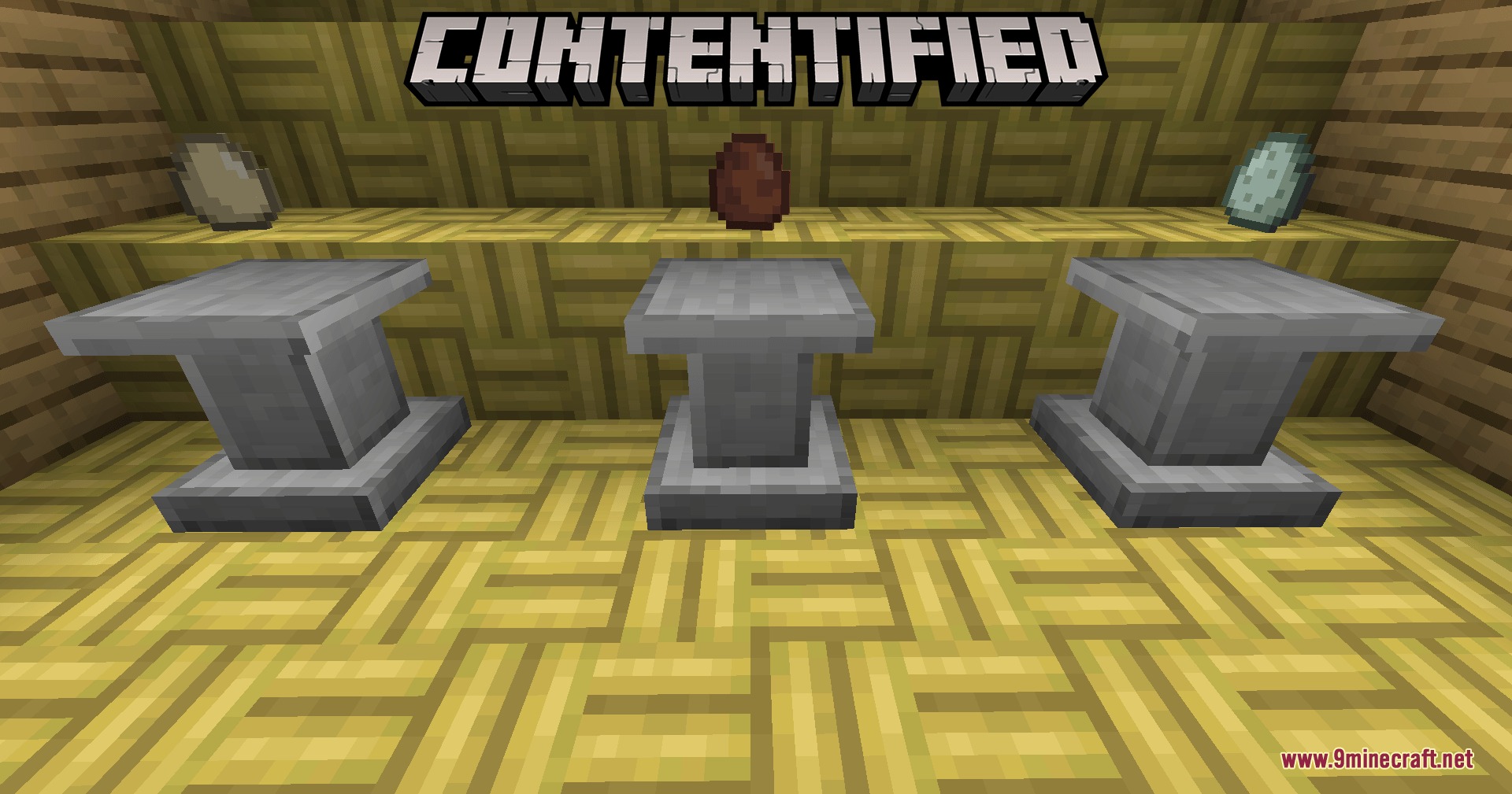Contentified Mod Screenshot 4 Three stone pedestals and colorful eggs displayed in a wooden room