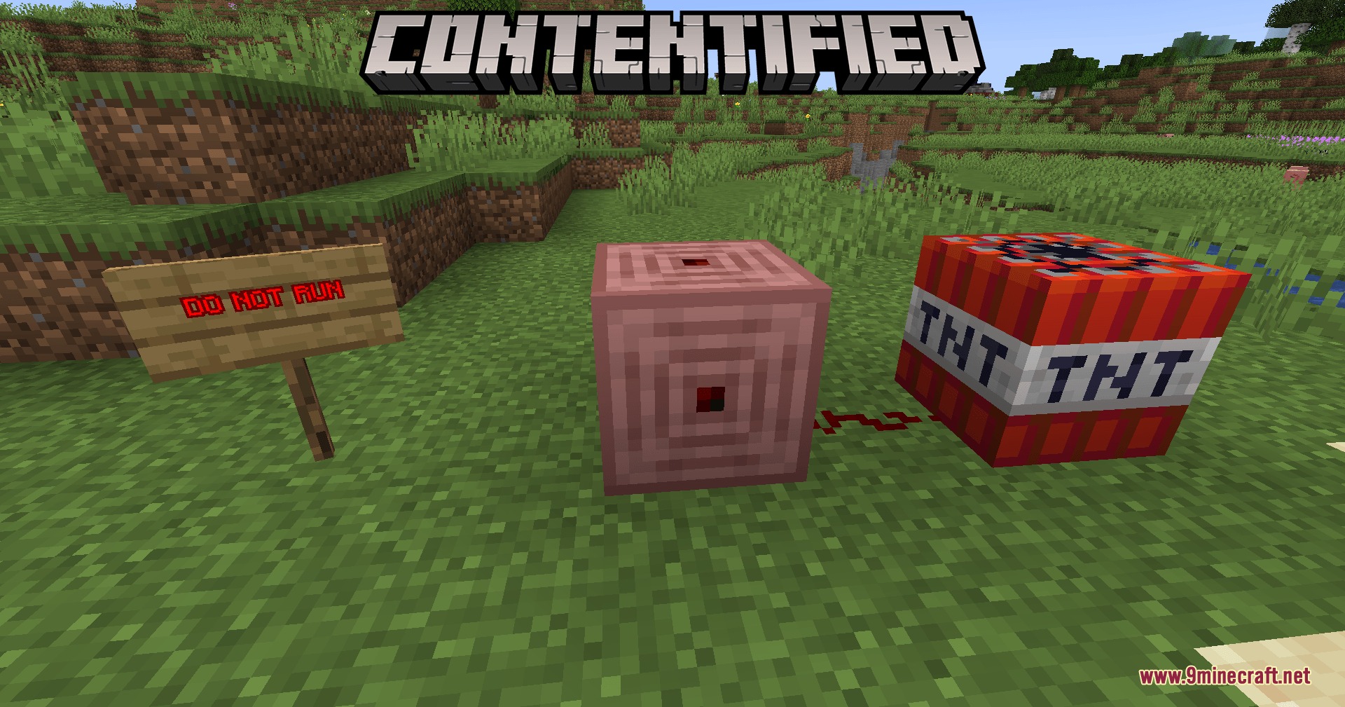 Contentified Mod Screenshot 6 An armadillo sensor connected to TNT with redstone dust in a grassy field