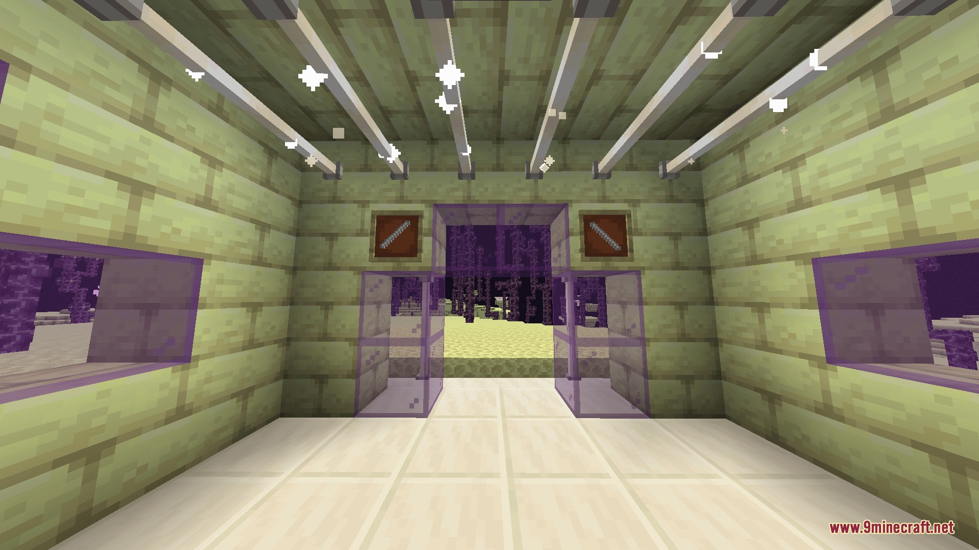 Contoro's Ores Mod Screenshot 2 Interior of a building made with end stone bricks and purple glass windows