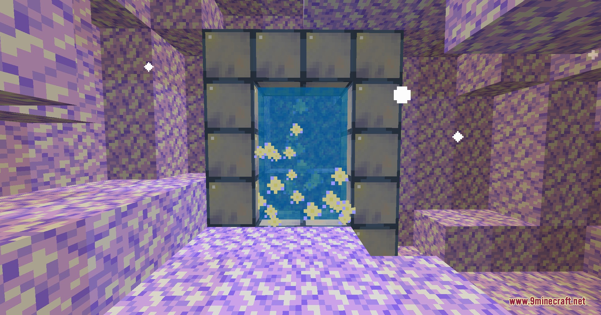 Contoro's Ores Mod Screenshot 3 A glowing blue portal stands inside a cave made of amethyst blocks