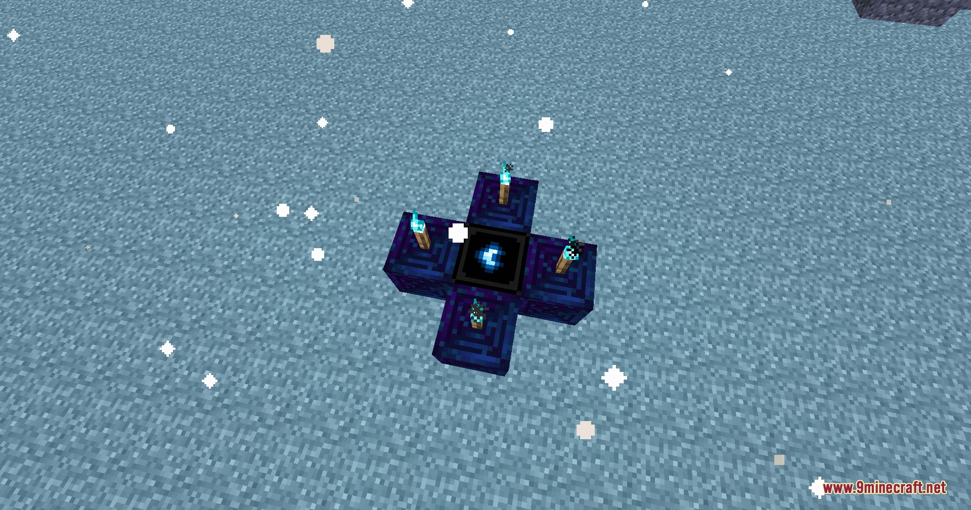 Contoro's Ores Mod Screenshot 4 A cross shaped structure with soul torches on a snowy landscape