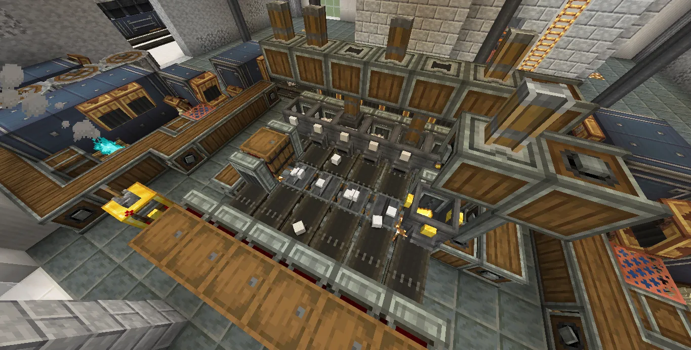 Overhead view of an automated factory floor with conveyor belts and machinery