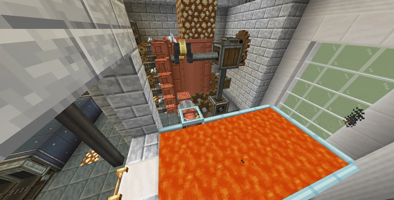 A pool of lava powering a complex copper boiler system with gears
