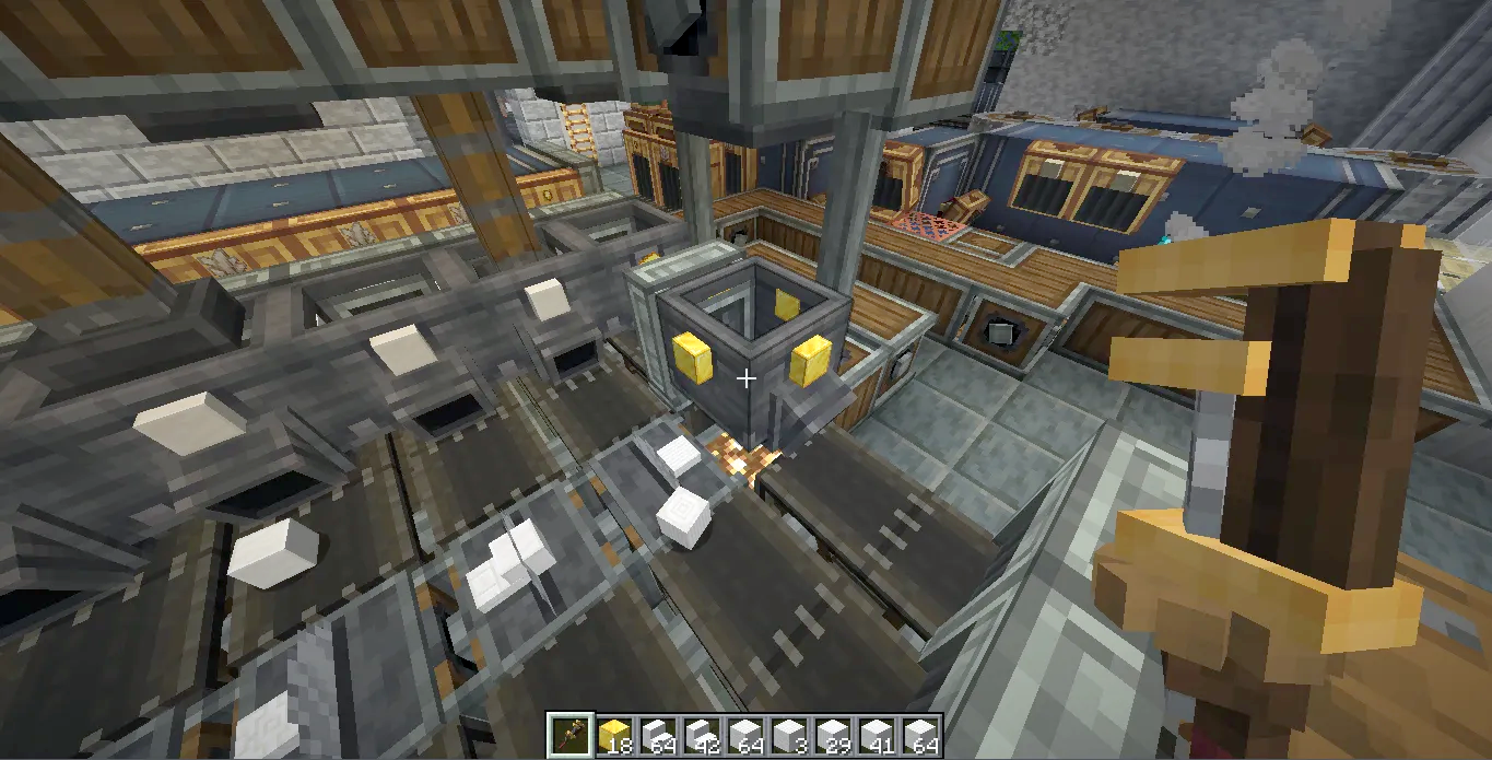 Player using a wrench to manage an automated quartz and gold factory