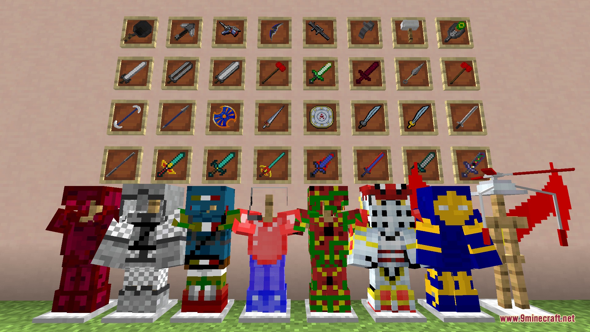 Cosmic Rift Evolution Mod Screenshot 2 Various custom armor sets and weapons displayed on stands and item frames
