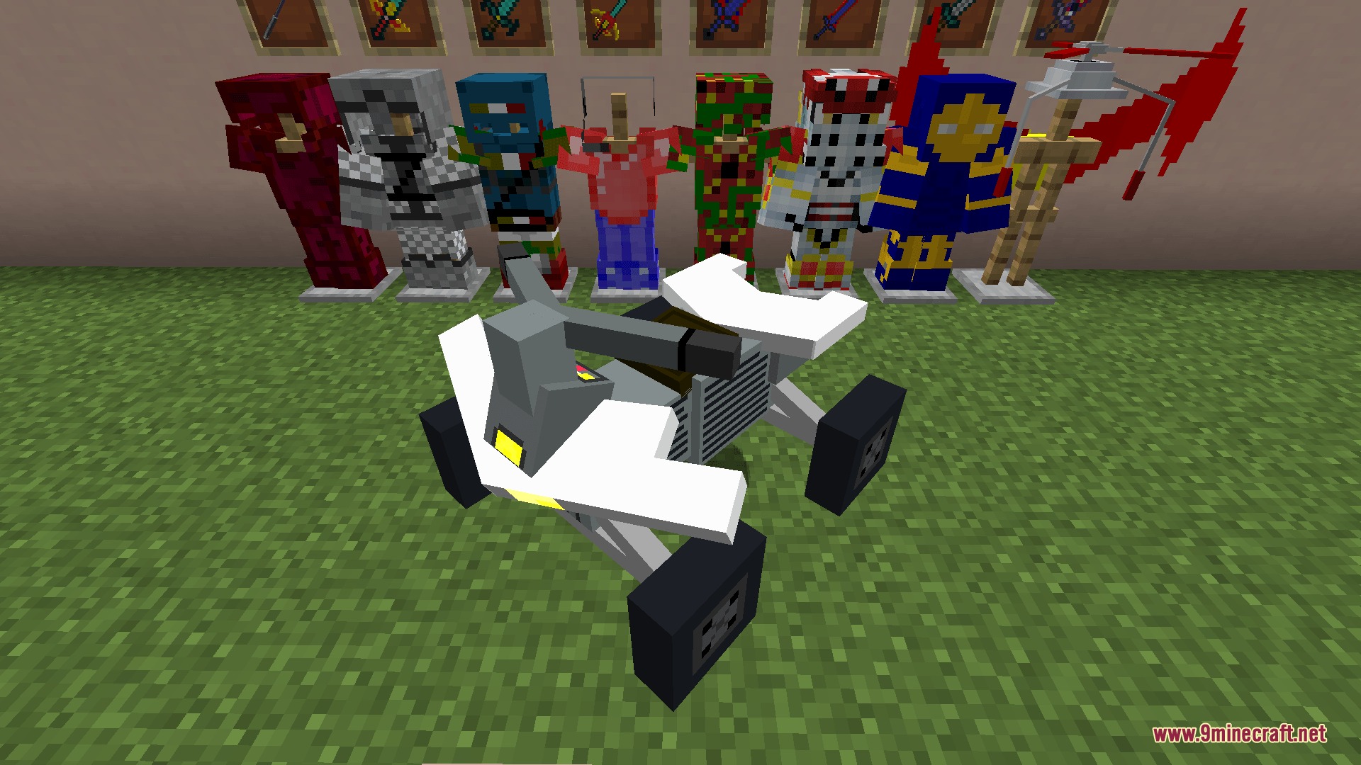 Cosmic Rift Evolution Mod Screenshot 3 A white Jet Pilder vehicle sits on grass in front of armor stands