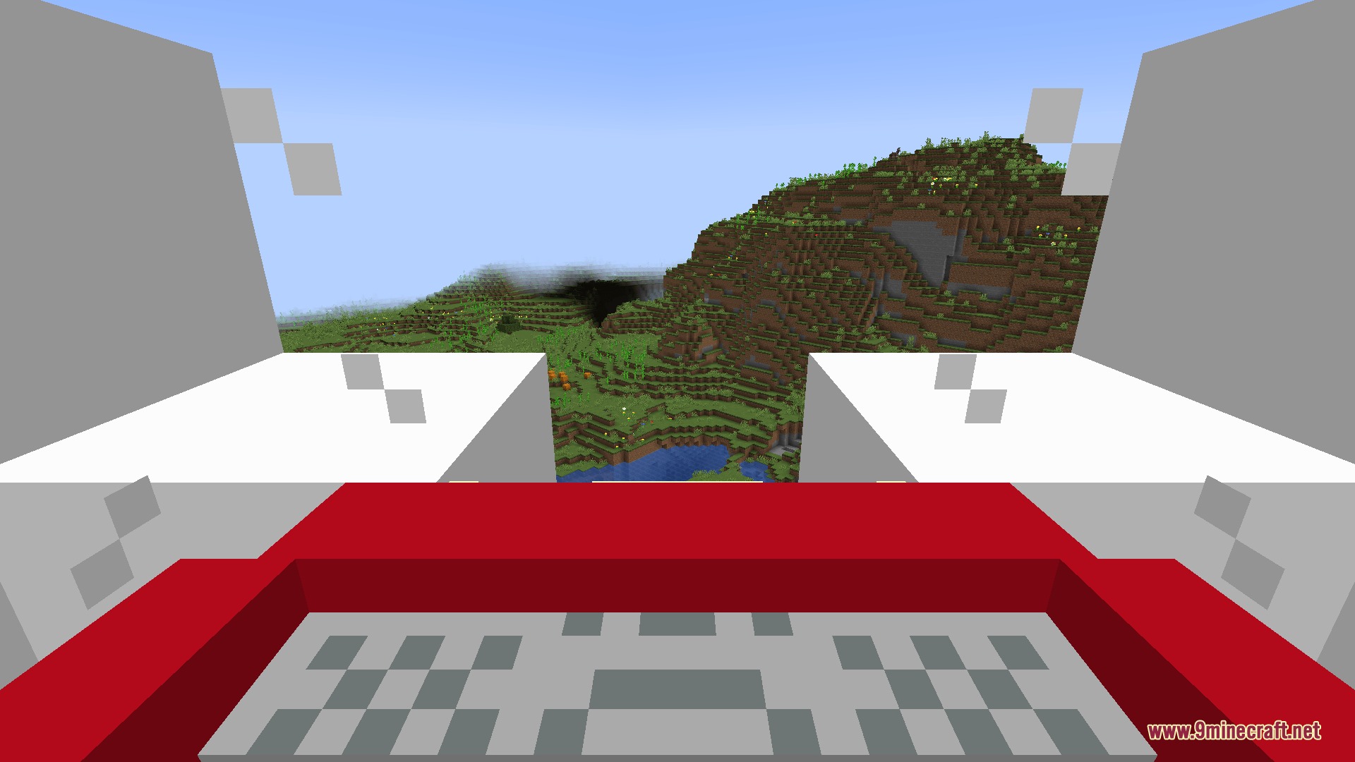 Cosmic Rift Evolution Mod Screenshot 7 First person view from a giant robot cockpit overlooking a scenic landscape