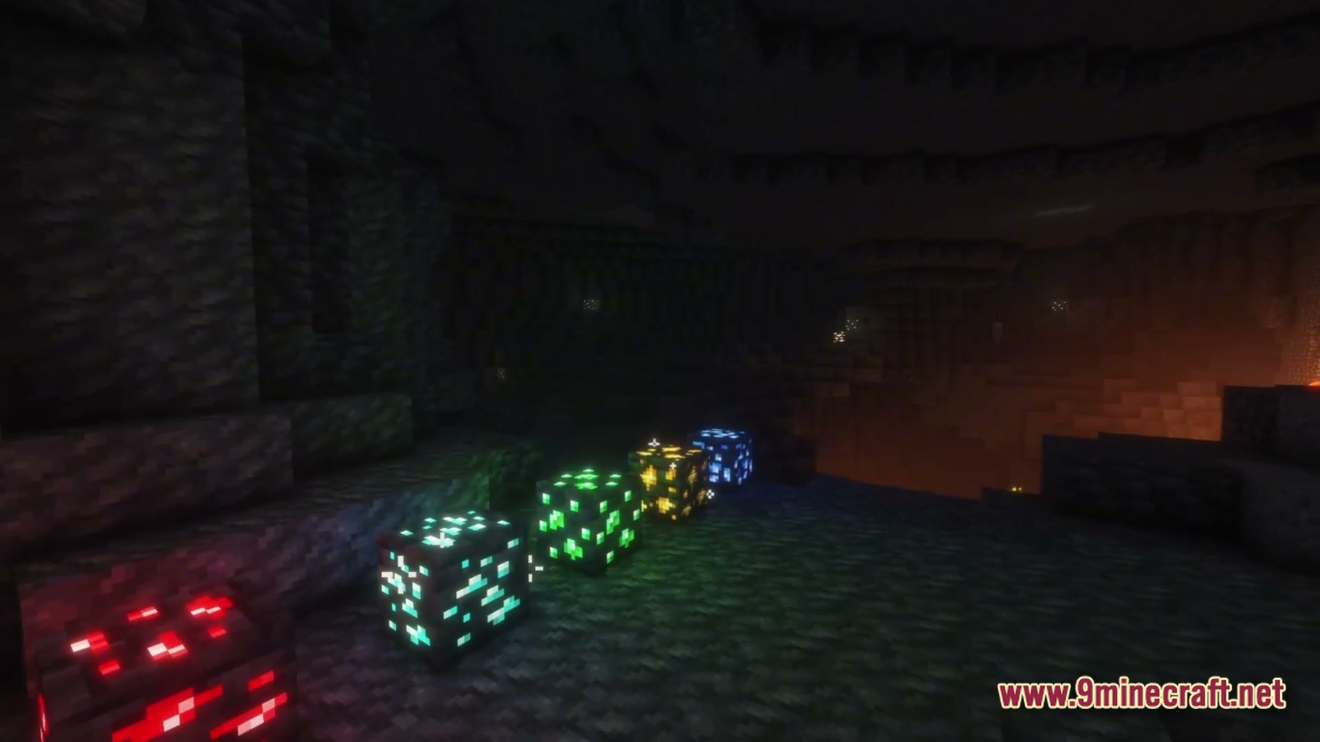 Cozy Zen Modpack Screenshot 1 Glowing ore blocks in a dark underground cavern with shaders and dynamic lighting effects