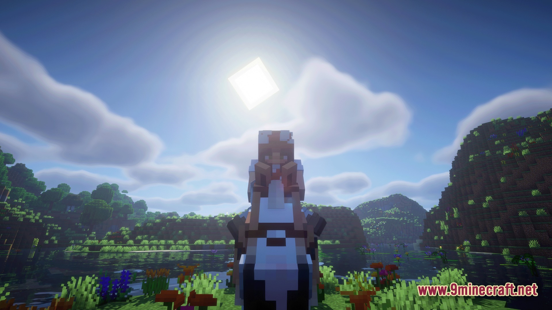 Cozy Zen Modpack Screenshot 10 A player character sits on a cow in a lush, flowery landscape under a bright sun