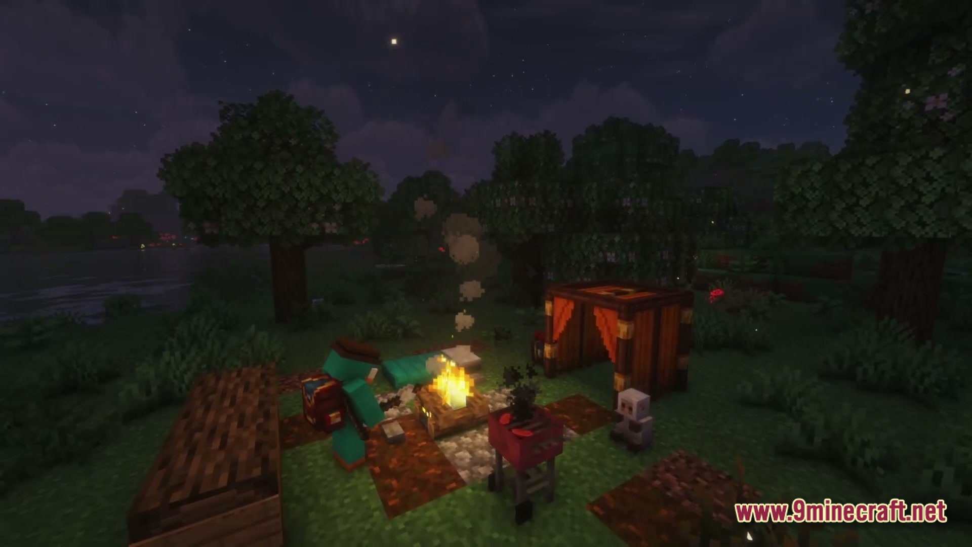 Cozy Zen Modpack Screenshot 3 A player character stands near a campfire, a small tent, and a grill at night
