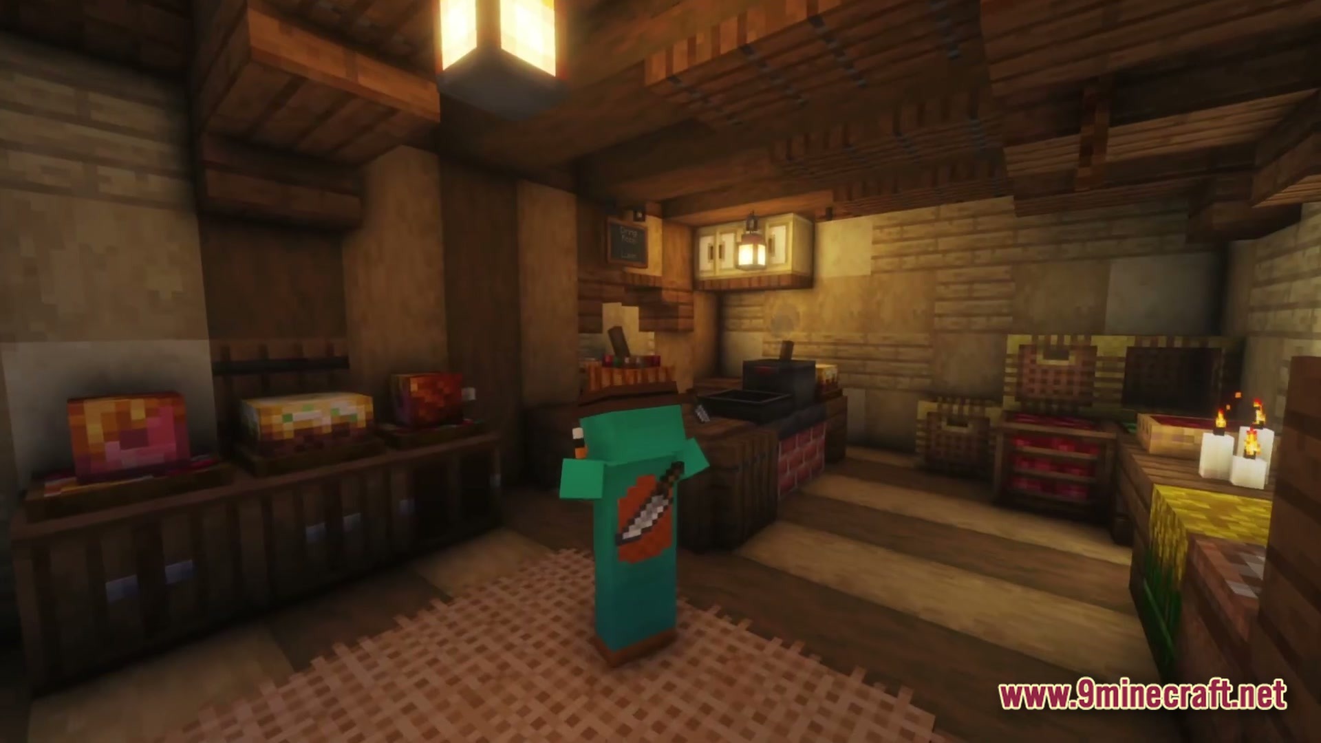 Cozy Zen Modpack Screenshot 5 A player stands in a rustic kitchen featuring wooden counters, cooking pots, and various food items