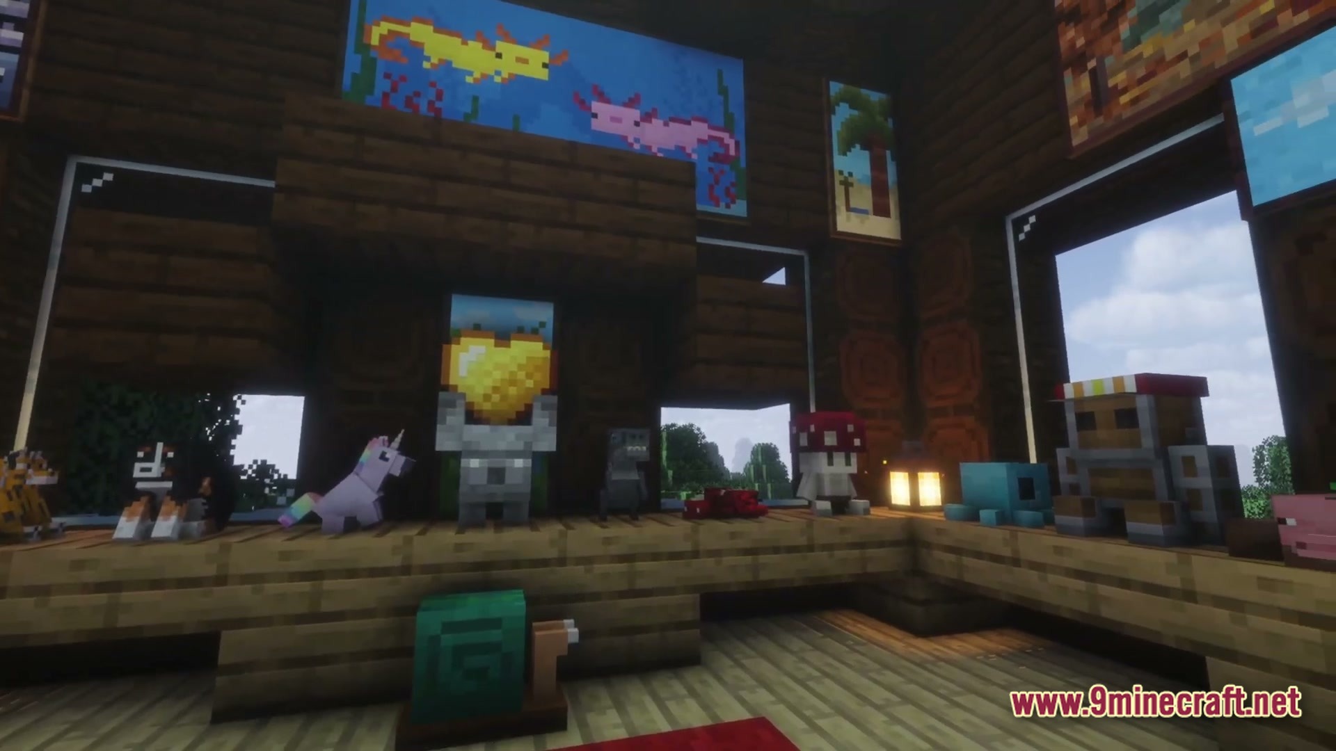Cozy Zen Modpack Screenshot 6 A wooden interior featuring various decorative plushies, custom paintings, and a snail on the floor
