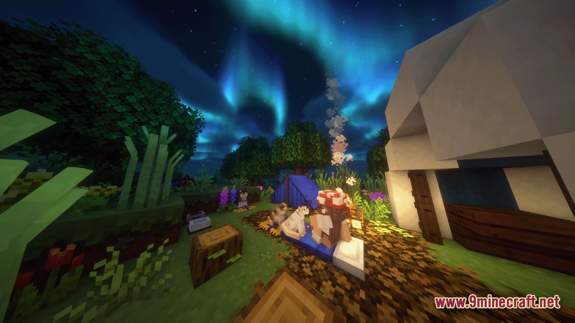 Cozy Zen Modpack Screenshot 7 A player sits by a campfire with cats under an aurora borealis at a campsite