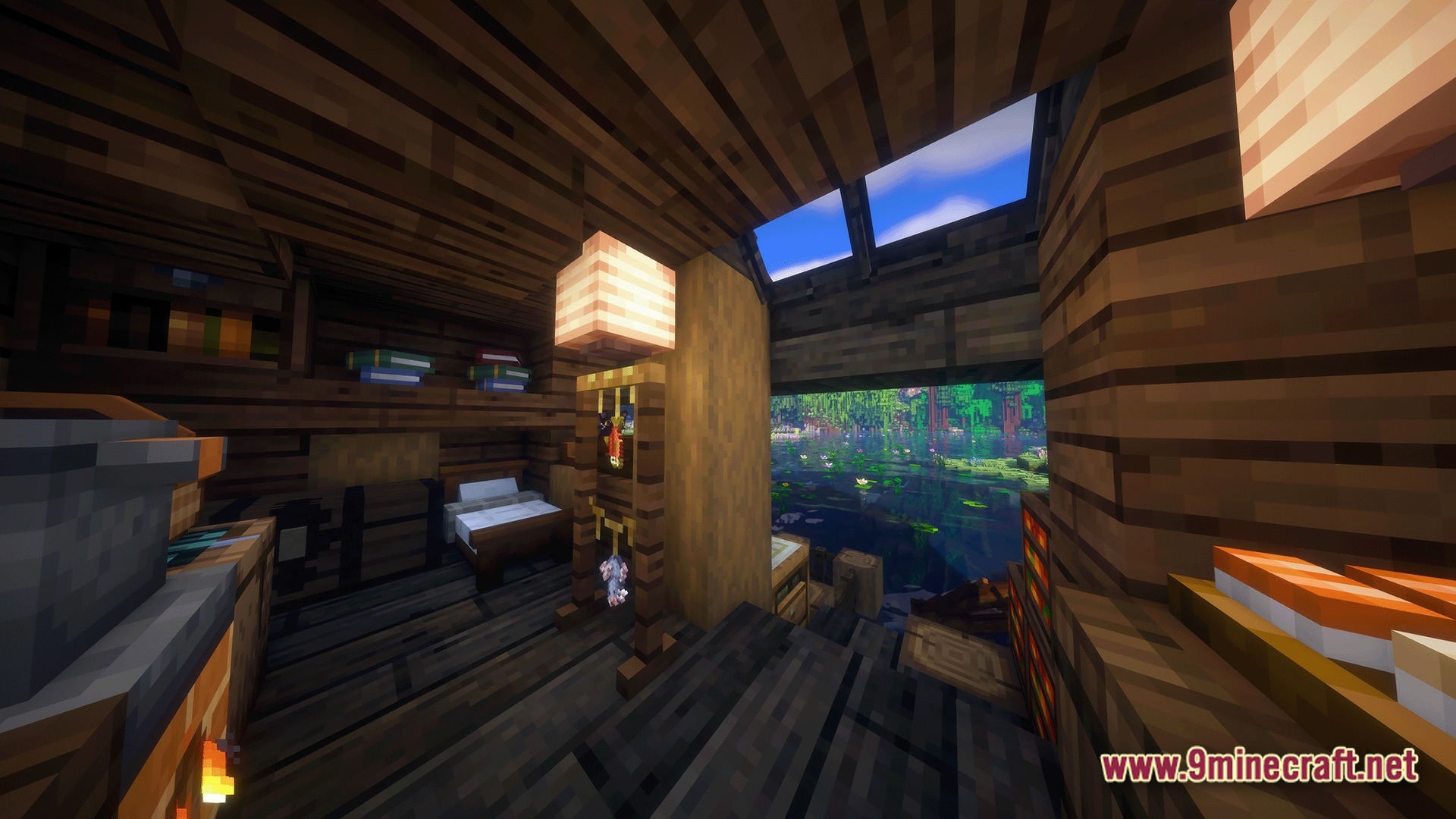 Cozy Zen Modpack Screenshot 9 A cozy wooden interior featuring a bed, bookshelves, and a scenic view of a lily pad pond