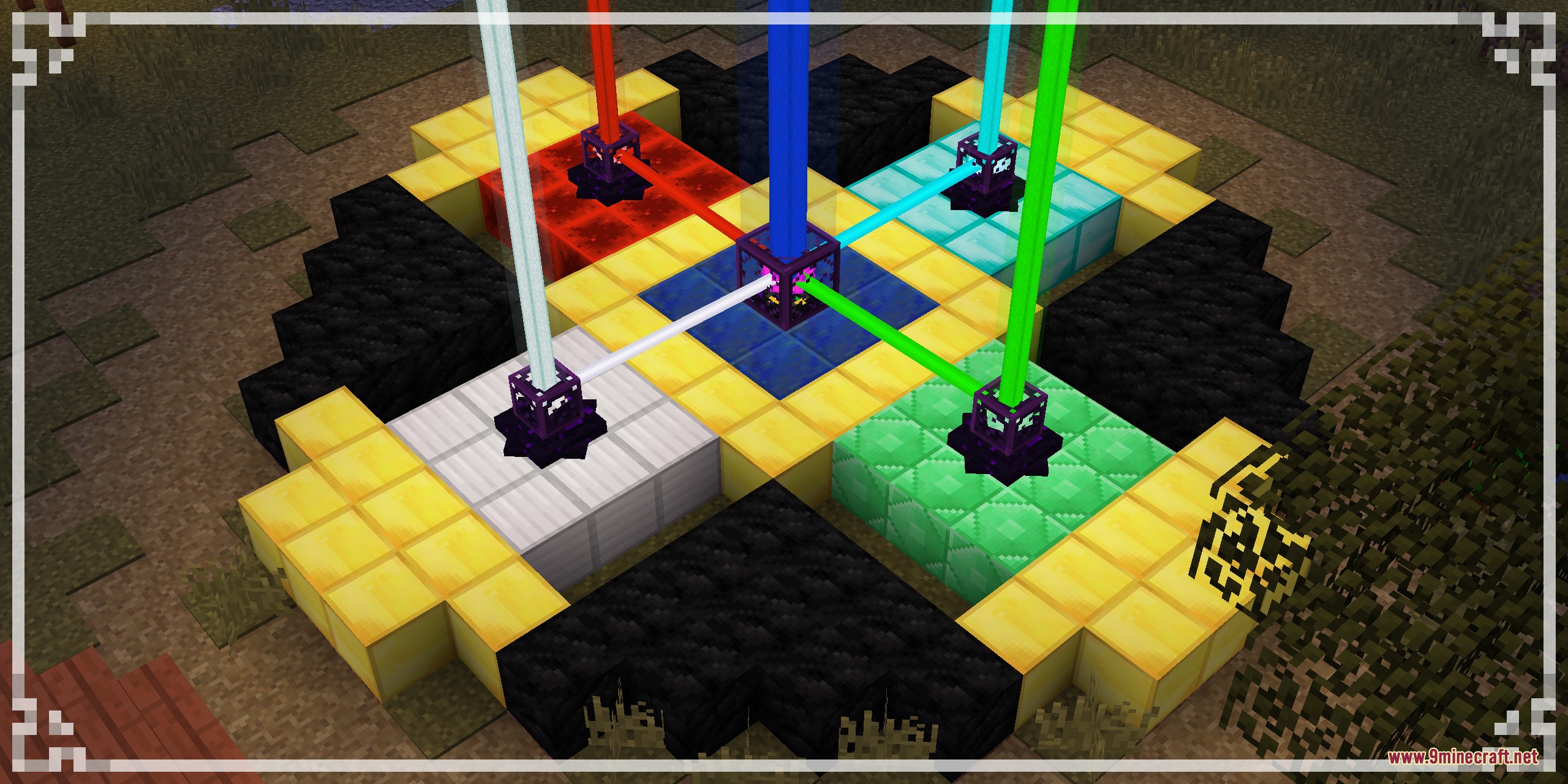 Cracker's Wither Storm Mod Programmer Art Fix Resource Pack Screenshot 1 A colorful beacon ritual setup with beams of light on various blocks
