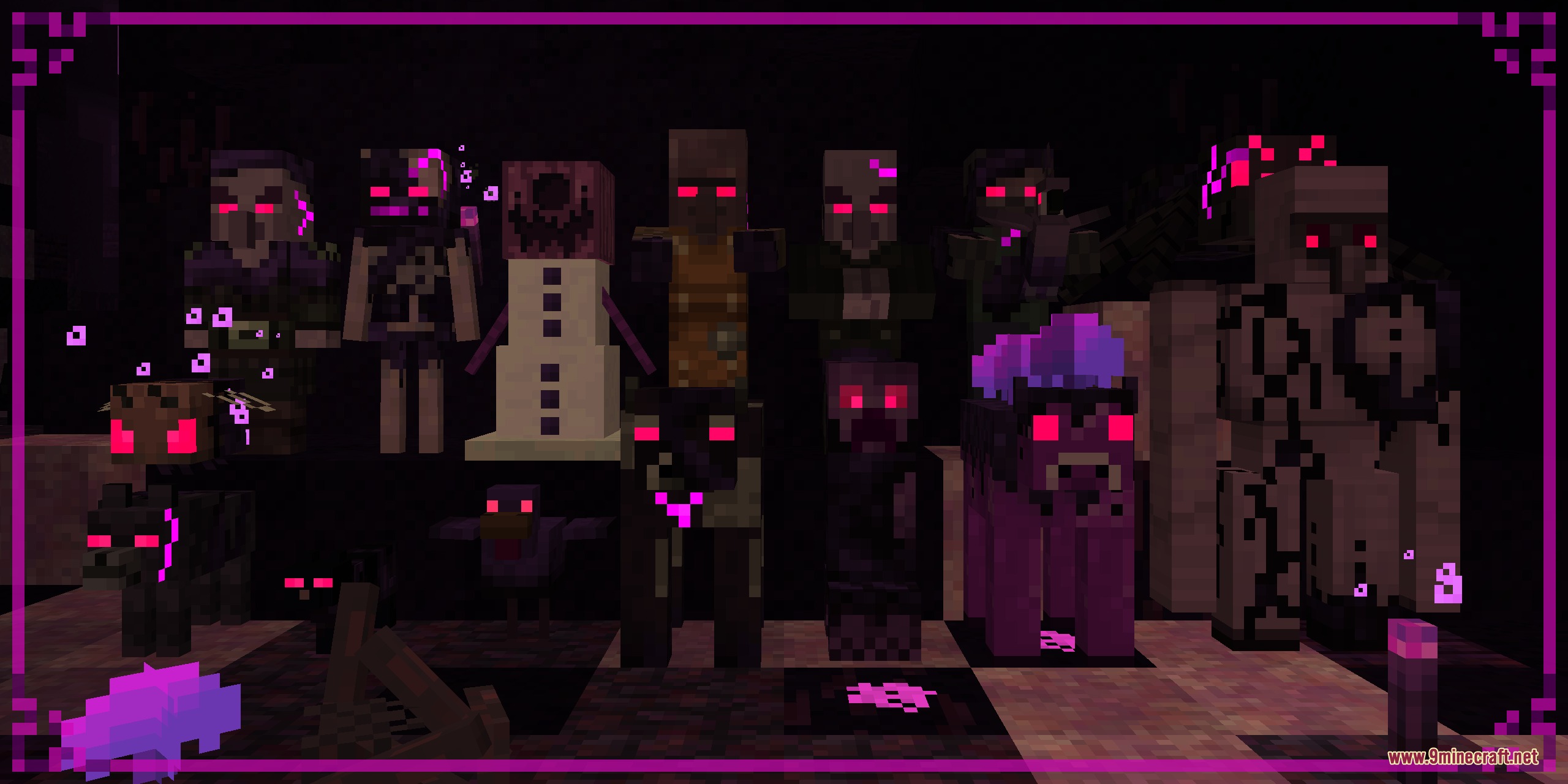 Cracker's Wither Storm Mod Programmer Art Fix Resource Pack Screenshot 2 Sickened Minecraft mobs with glowing pink eyes in the Programmer Art style