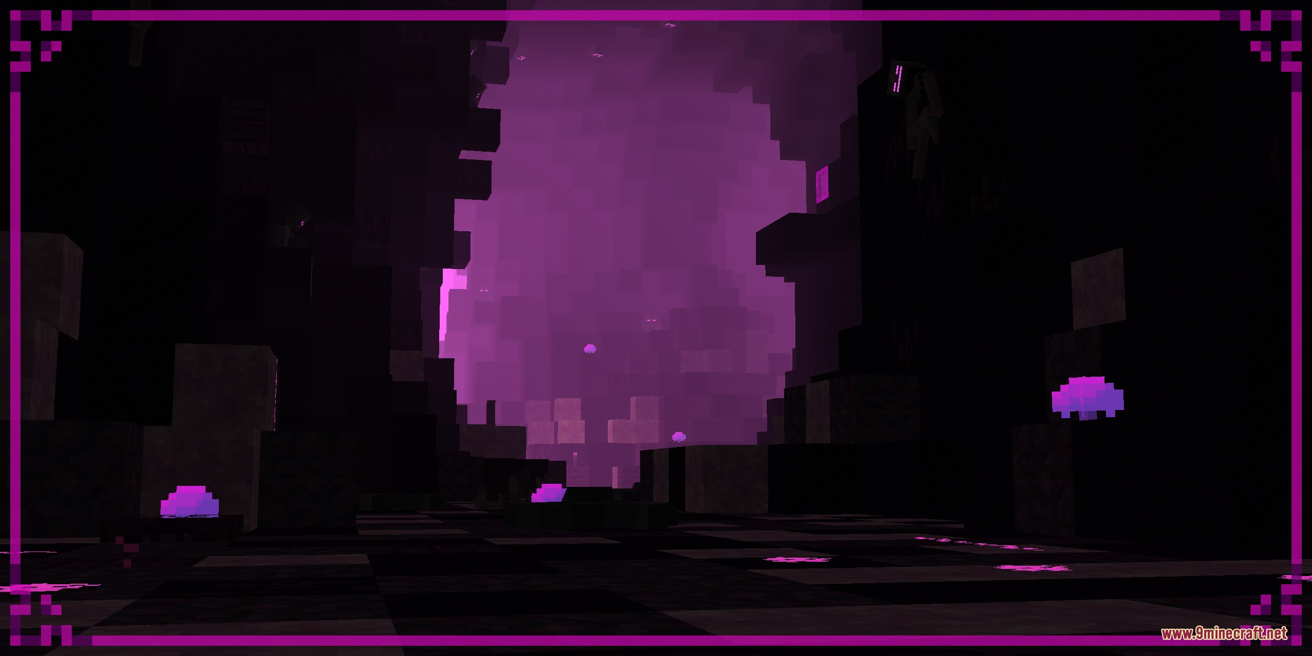 Cracker's Wither Storm Mod Programmer Art Fix Resource Pack Screenshot 4 Glowing purple mushrooms scattered across a dark floor in a foggy purple dimension