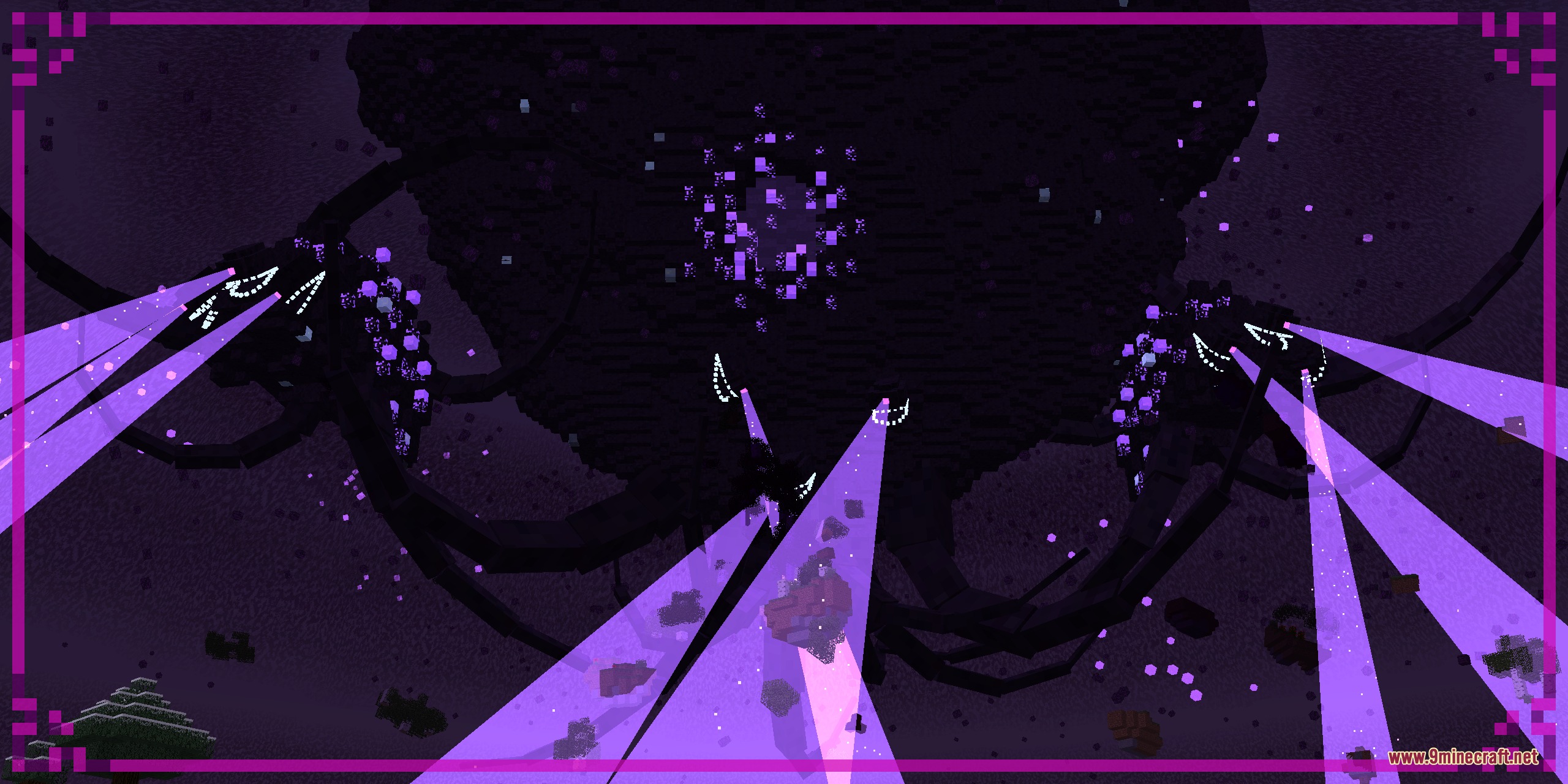 Cracker's Wither Storm Mod Programmer Art Fix Resource Pack Screenshot 5 The giant Wither Storm boss fires purple tractor beams from its multiple heads