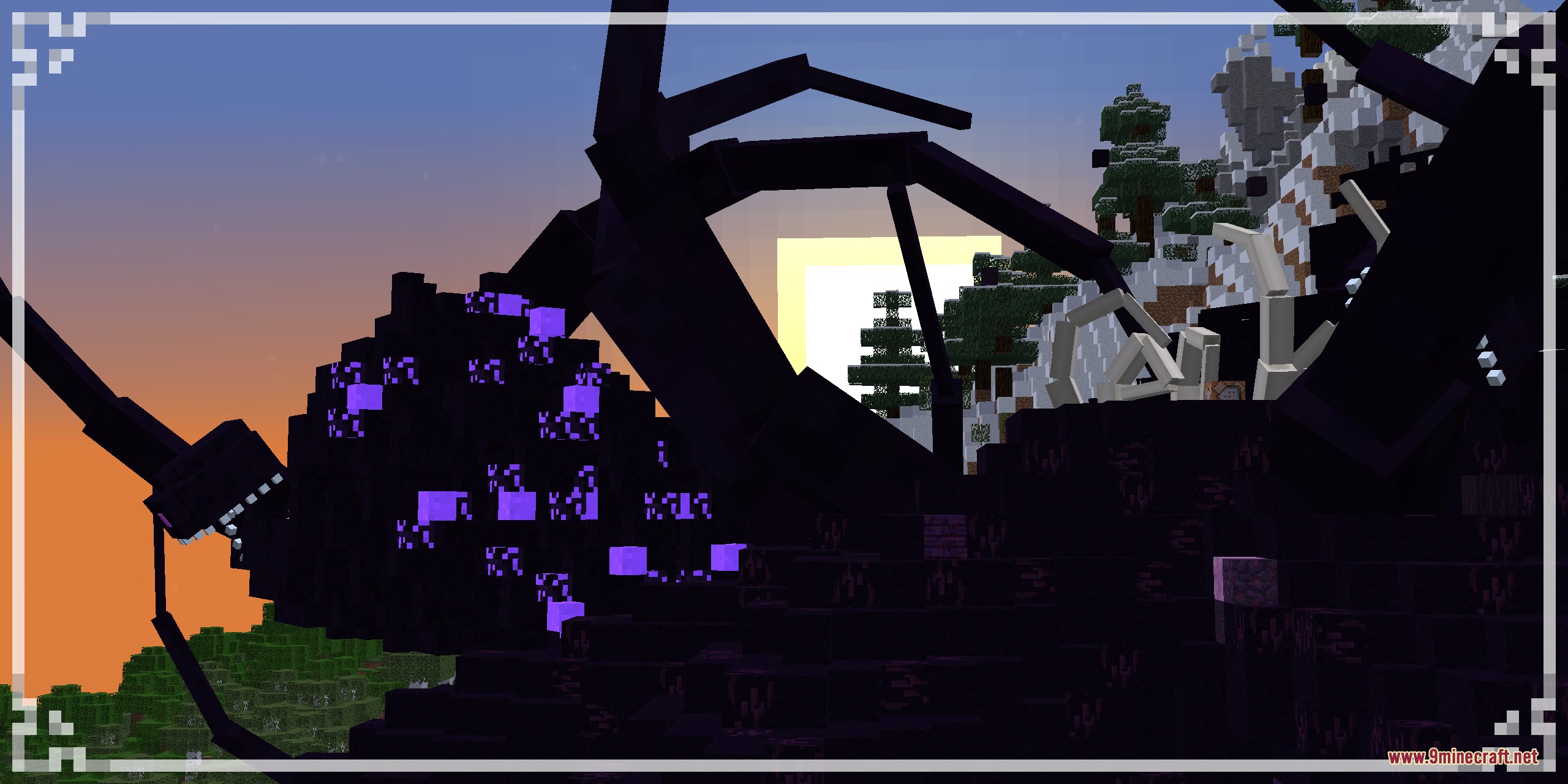 Cracker's Wither Storm Mod Programmer Art Fix Resource Pack Screenshot 7 A giant Wither Storm boss with purple eyes looms over a snowy mountain