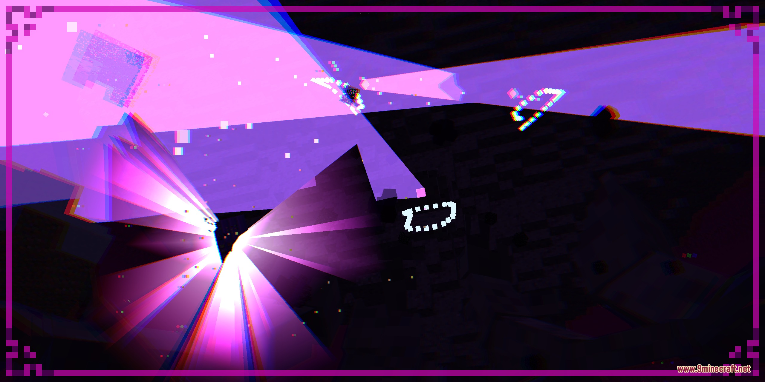 Cracker's Wither Storm Mod Programmer Art Fix Resource Pack Screenshot 8 Bright purple light beams explode from a dark entity in a glitchy scene