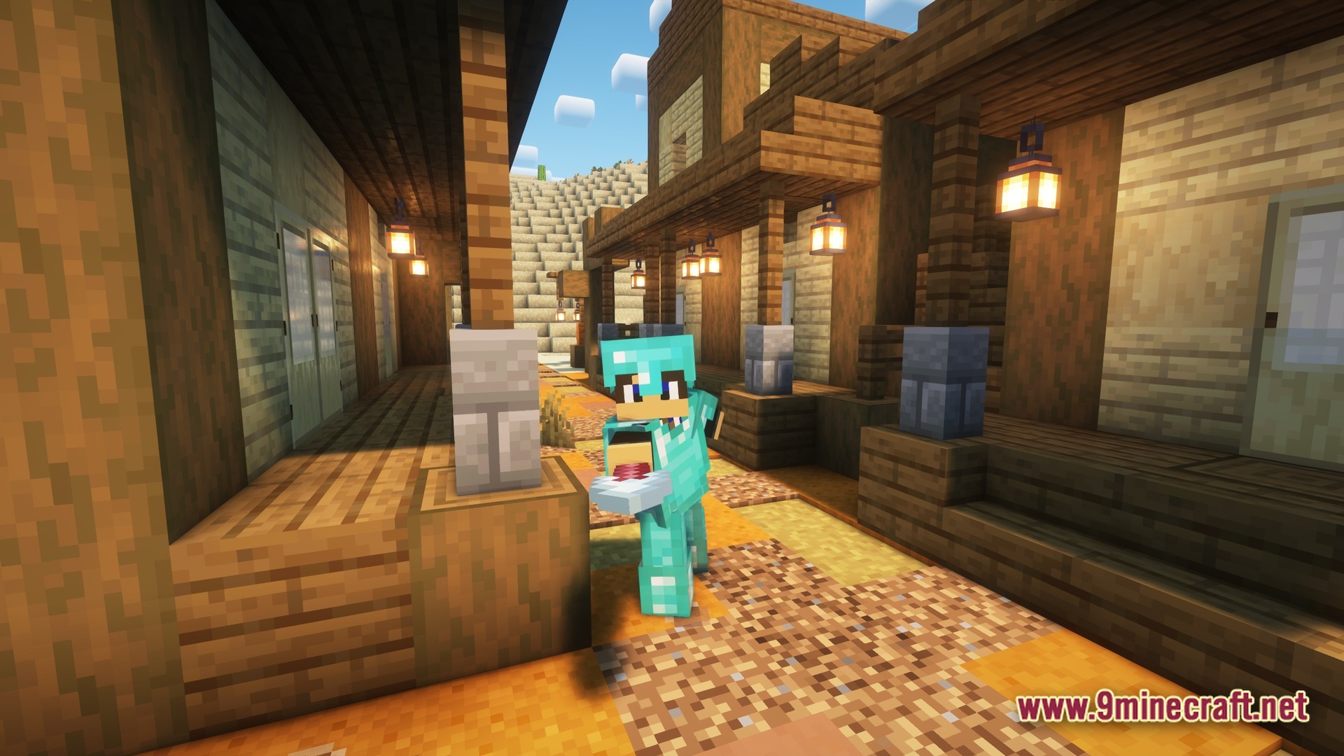 Craft To Exile 2 2.0.0 Atlas Update Modpack Screenshot 1 A player in diamond armor stands between wooden buildings in a desert village settlement