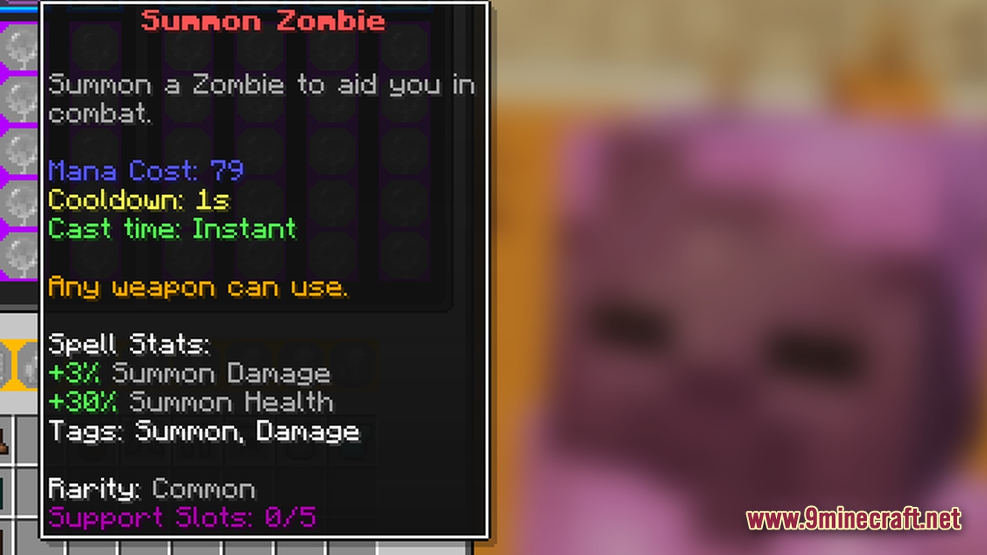 Craft To Exile 2 2.0.0 Atlas Update Modpack Screenshot 3 The tooltip for a Summon Zombie spell displaying mana cost, cooldown, and summon statistics