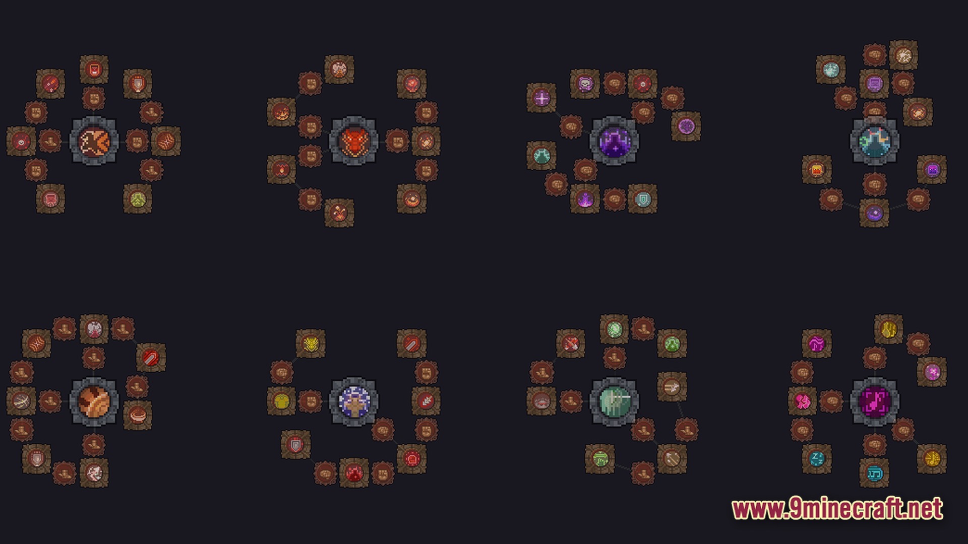 Craft To Exile 2 2.0.0 Atlas Update Modpack Screenshot 4 Eight distinct circular skill trees featuring various pixelated icons for character progression and abilities