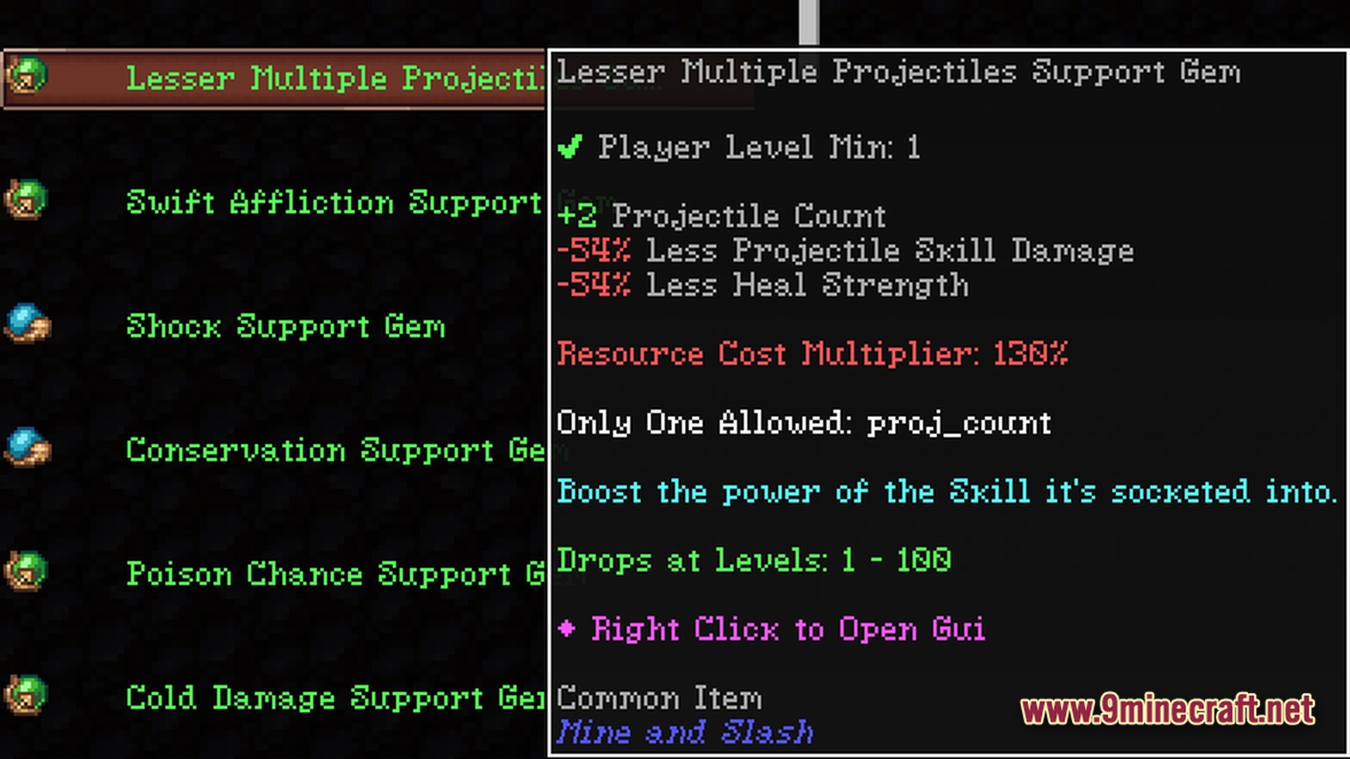 Craft To Exile 2 2.0.0 Atlas Update Modpack Screenshot 5 A list of support gems and the detailed tooltip for a Lesser Multiple Projectiles Support Gem