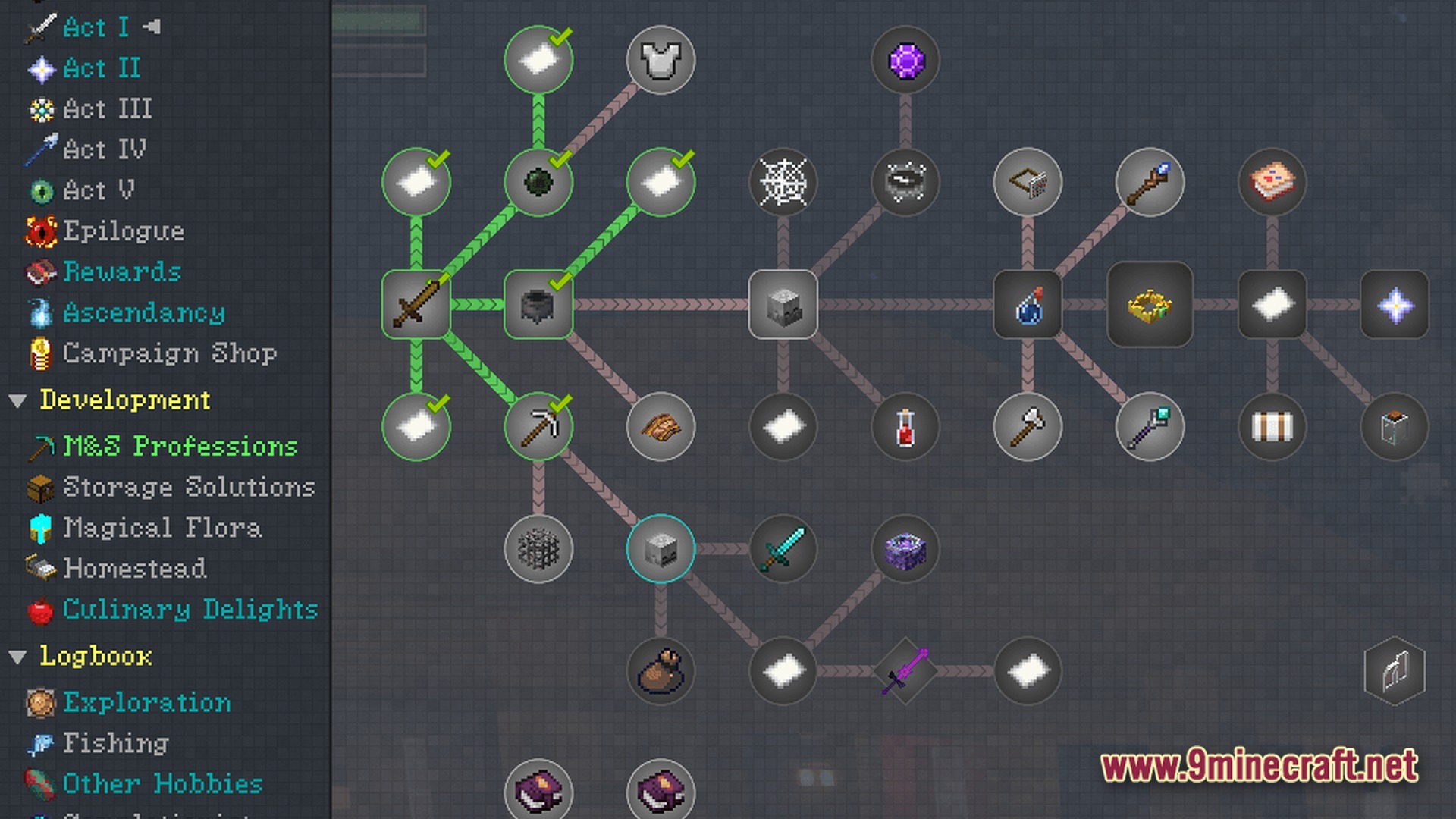 Craft To Exile 2 2.0.0 Atlas Update Modpack Screenshot 6 A complex quest progression tree interface displaying various item icons, professions, and campaign acts