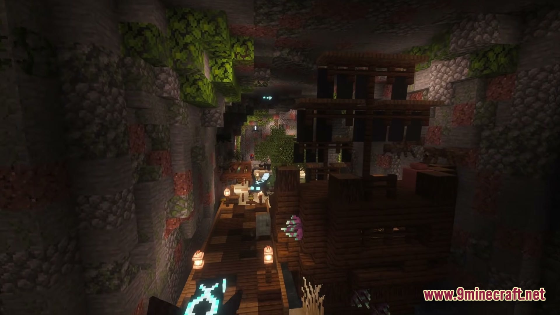 Craft To Exile 2 2.0 Atlas Update Modpack Screenshot 2 A wooden ship structure docked inside a large underground cavern with stone walls and hanging vines