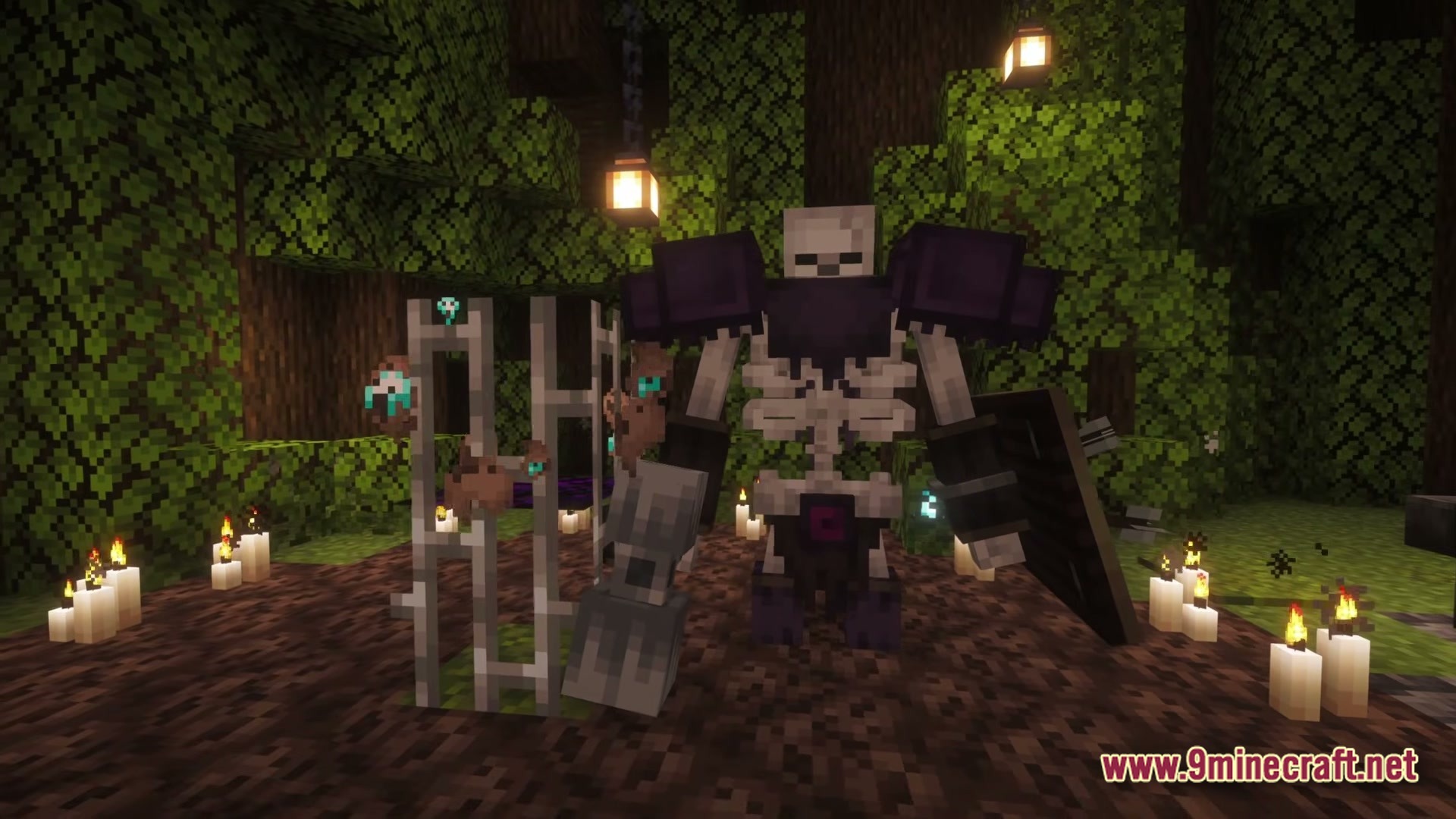 Craft To Exile 2 2.0 Atlas Update Modpack Screenshot 3 A large armored skeleton boss stands in a forest clearing surrounded by candles and iron bars