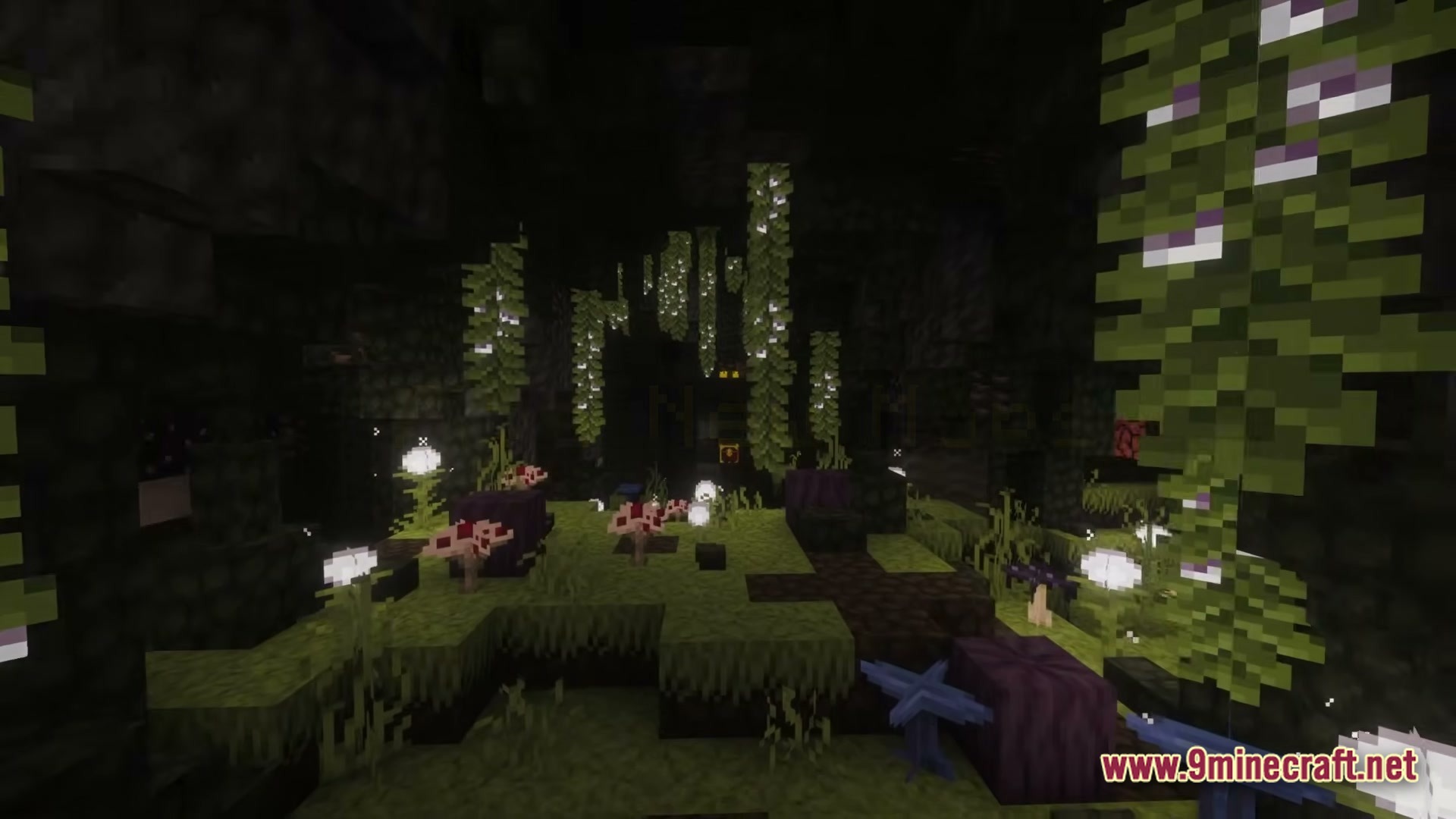 Craft To Exile 2 2.0 Atlas Update Modpack Screenshot 4 A dark underground cavern filled with glowing white flowers, hanging vines, and various colorful mushrooms