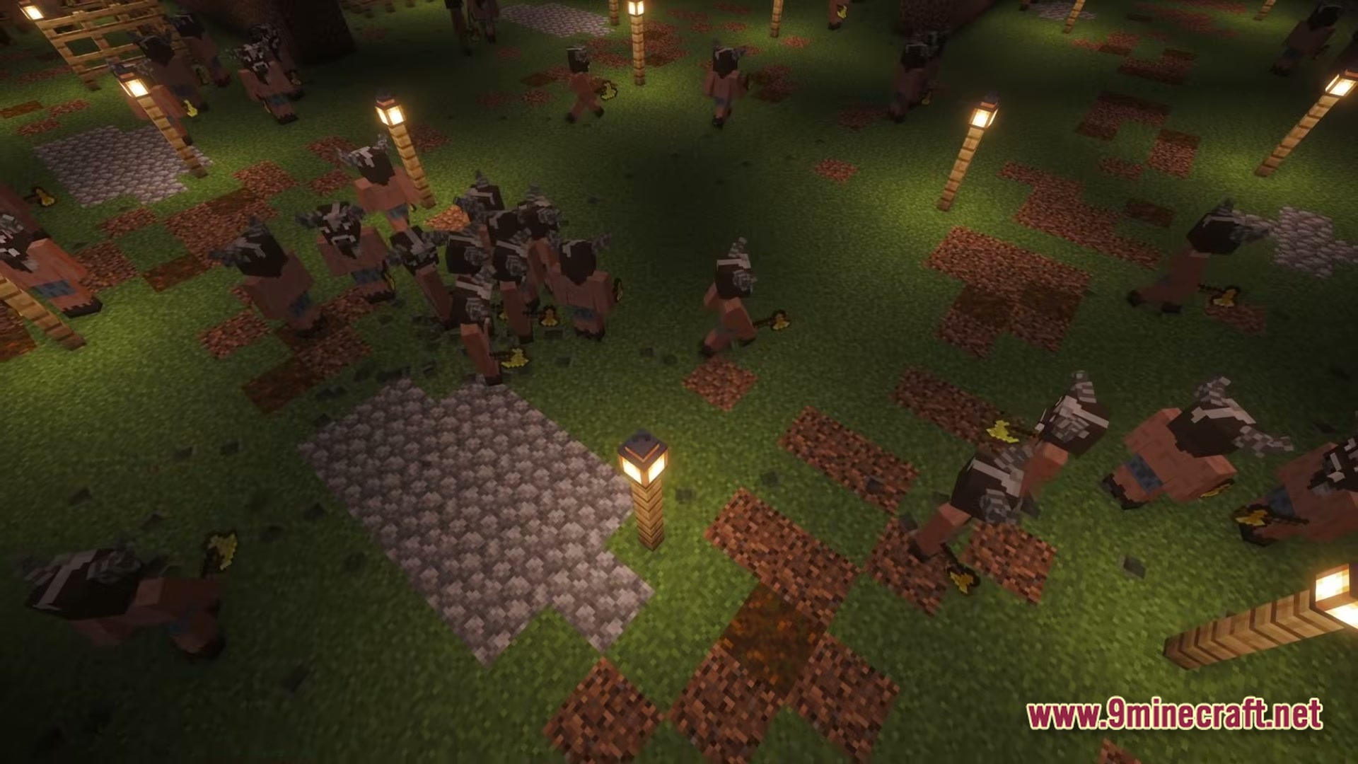 Craft To Exile 2 2.0 Atlas Update Modpack Screenshot 5 A large group of horned humanoid mobs carrying axes gathers in a torch-lit grassy area