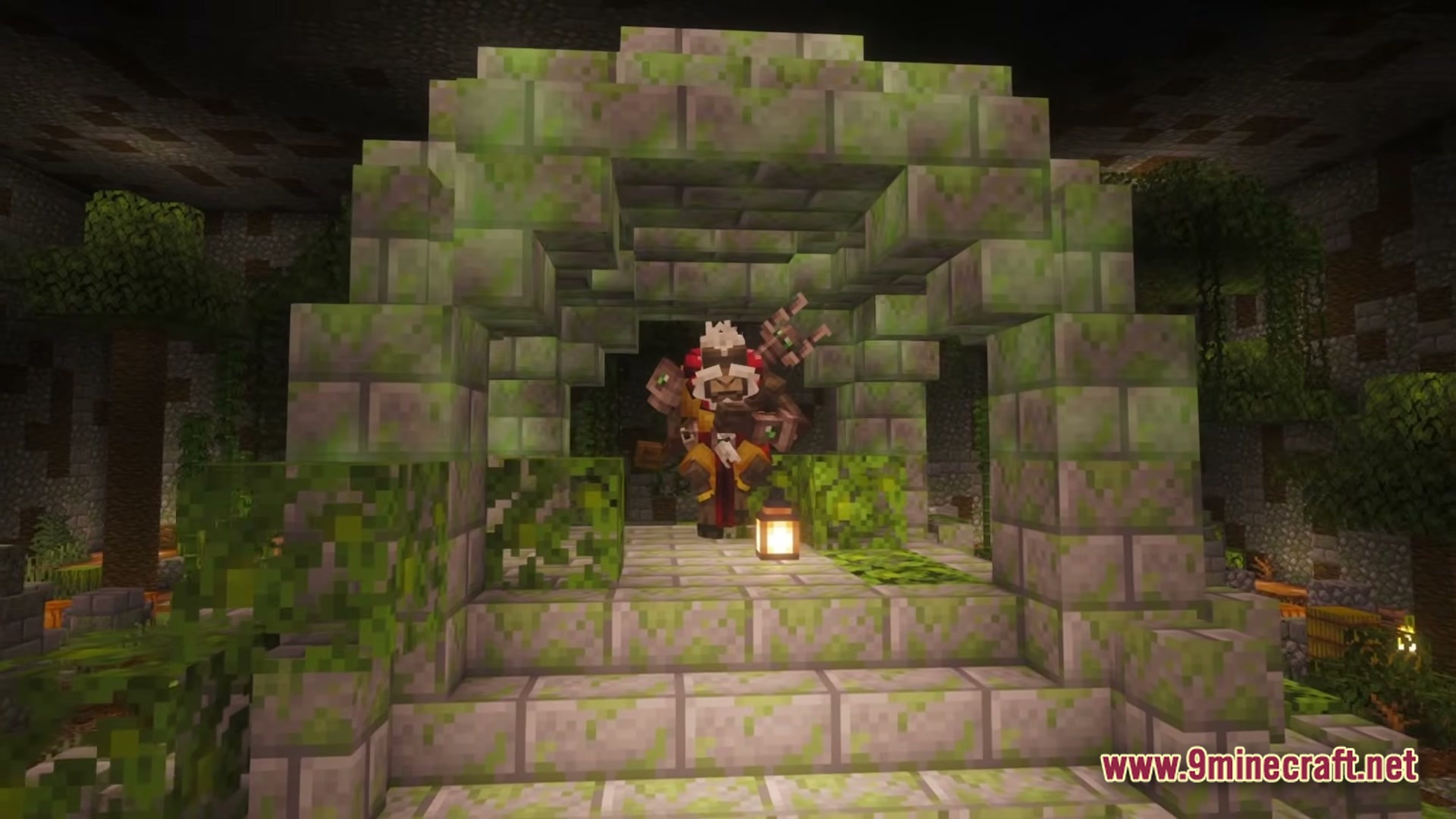 Craft To Exile 2 2.0 Atlas Update Modpack Screenshot 6 A character stands under a mossy stone archway within a dark, overgrown underground structure