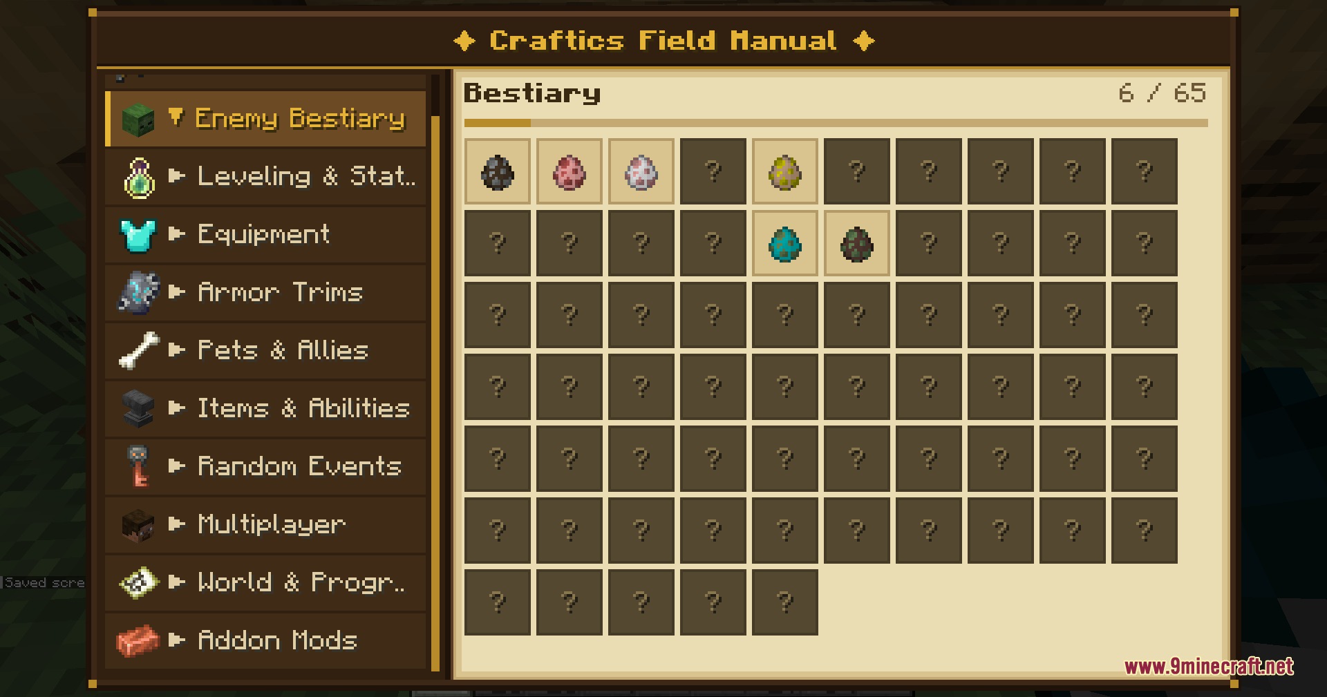 Craftics Grid Based Tactical RPG Mod Screenshot 3 A custom bestiary menu showing discovered mob eggs and many locked entries
