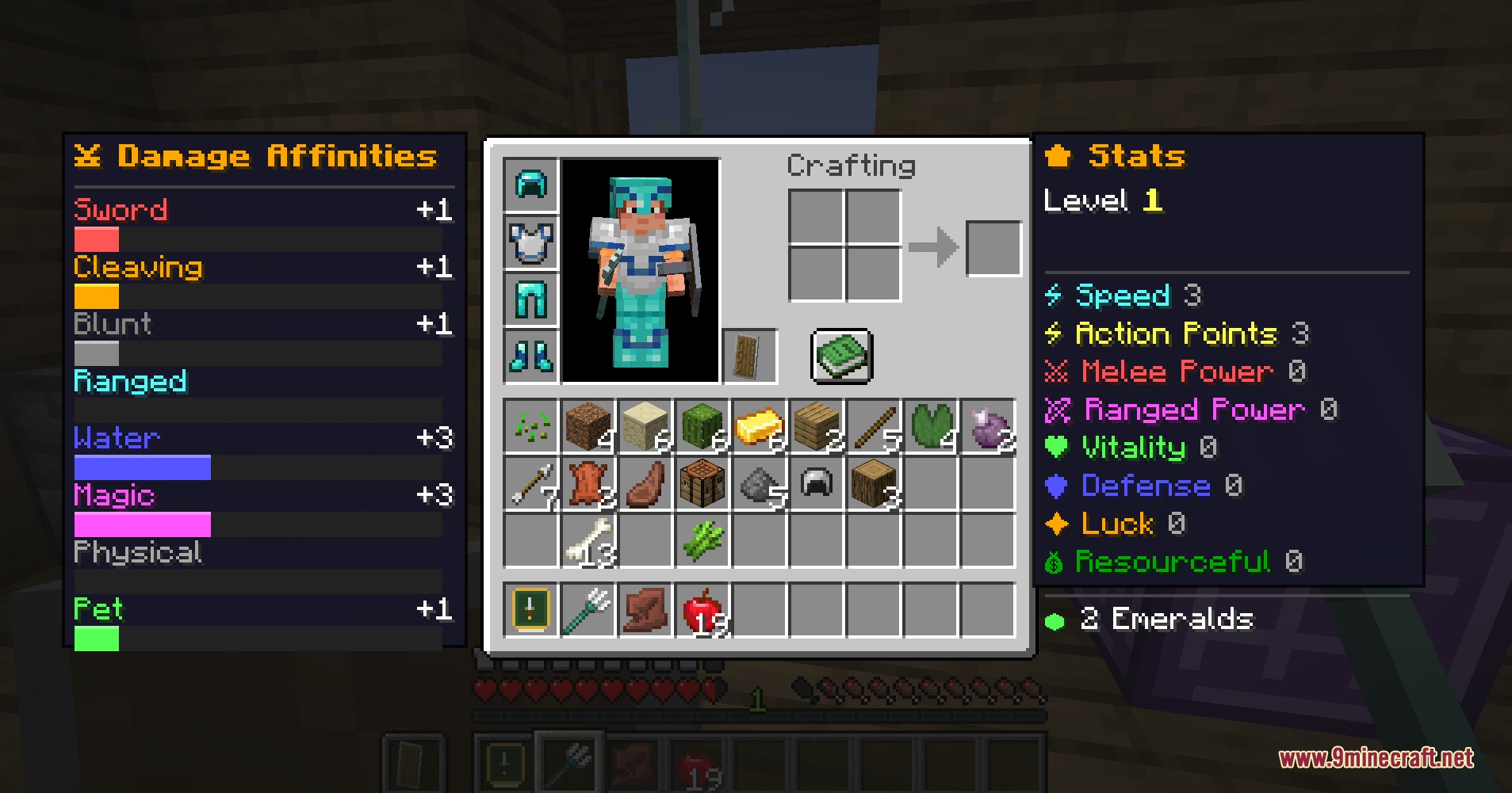 Craftics Grid Based Tactical RPG Mod Screenshot 4 Player inventory screen displaying custom damage affinities and character stats for tactical combat