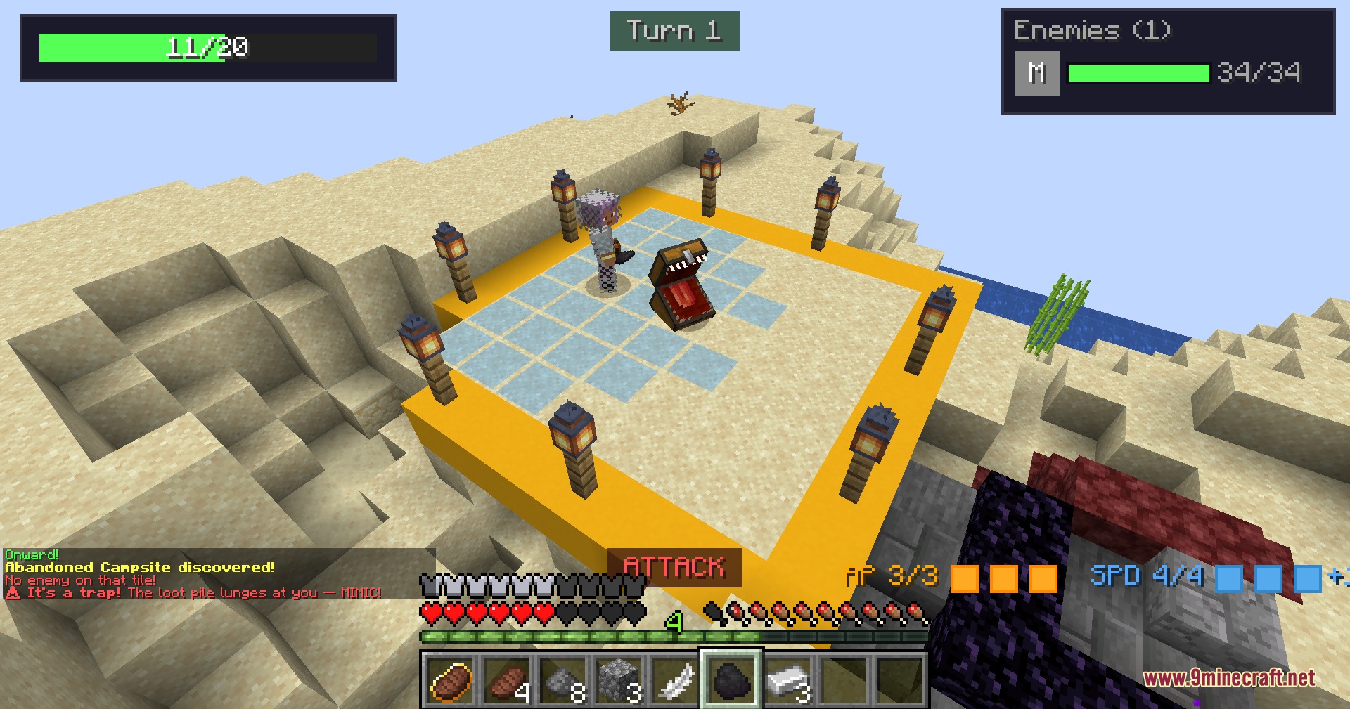 Craftics Grid Based Tactical RPG Mod Screenshot 5 Player character fighting a mimic on a tactical grid during turn based combat
