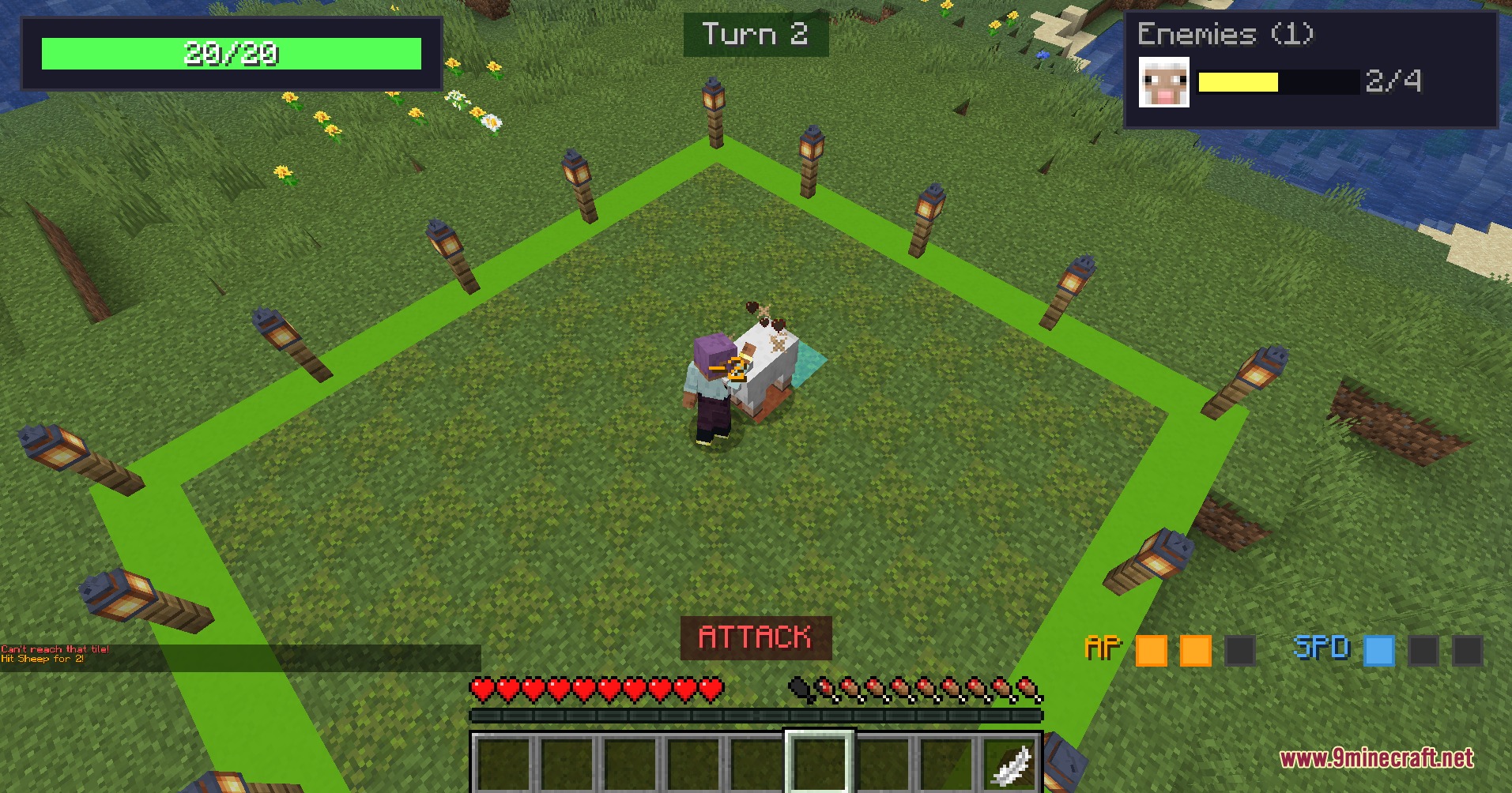 Craftics Grid Based Tactical RPG Mod Screenshot 7 Turn based combat interface showing a player attacking a sheep on a grid