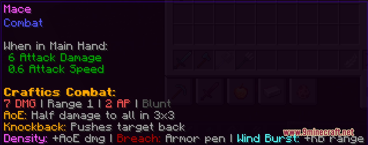 Craftics Grid Based Tactical RPG Mod Screenshot 8 Mace weapon tooltip displaying damage and action point stats for tactical combat