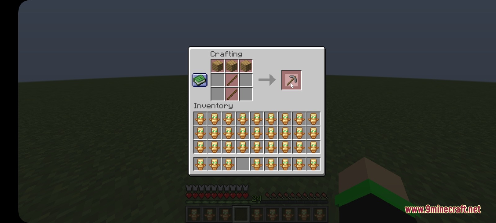 Craftingg Mod Screenshot 2 Crafting a wooden pickaxe with an inventory full of totems of undying