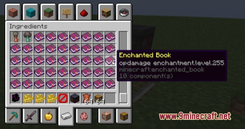 Craftingg Mod Screenshot 6 Creative inventory menu displaying custom items and a powerful enchanted book
