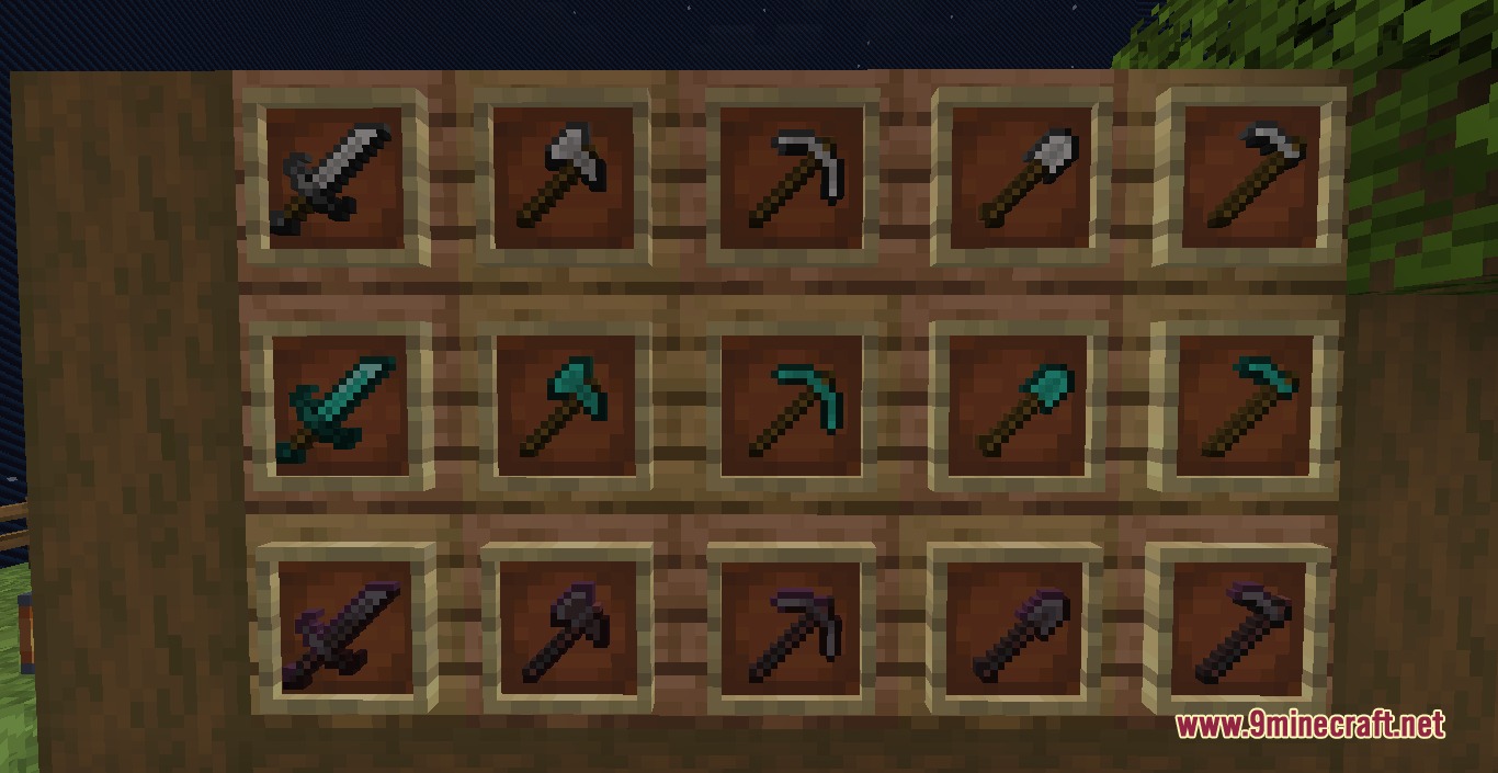 Crazy Pv P Pack Resource Pack Screenshot 2 Item frames displaying bold and striking designs for iron diamond and netherite tools