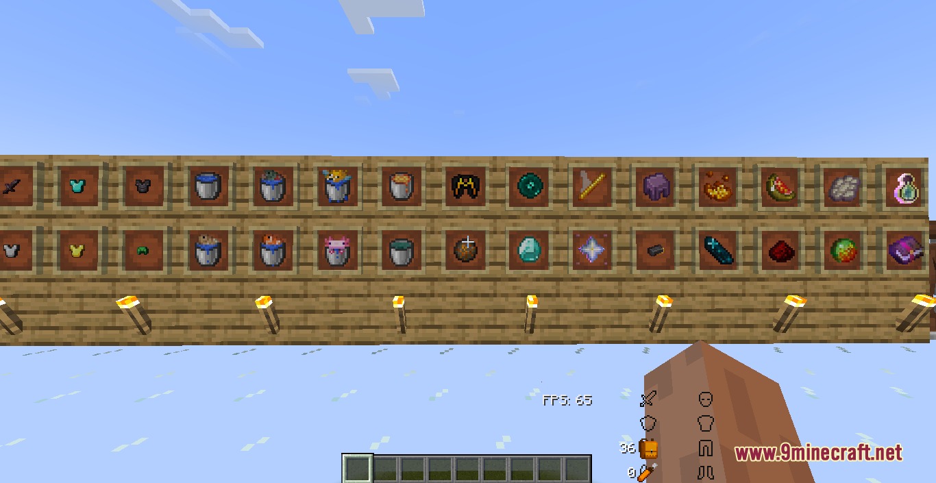 Crazy Pv P Pack Resource Pack Screenshot 4 A wooden wall displaying various items and armor inside item frames in Minecraft