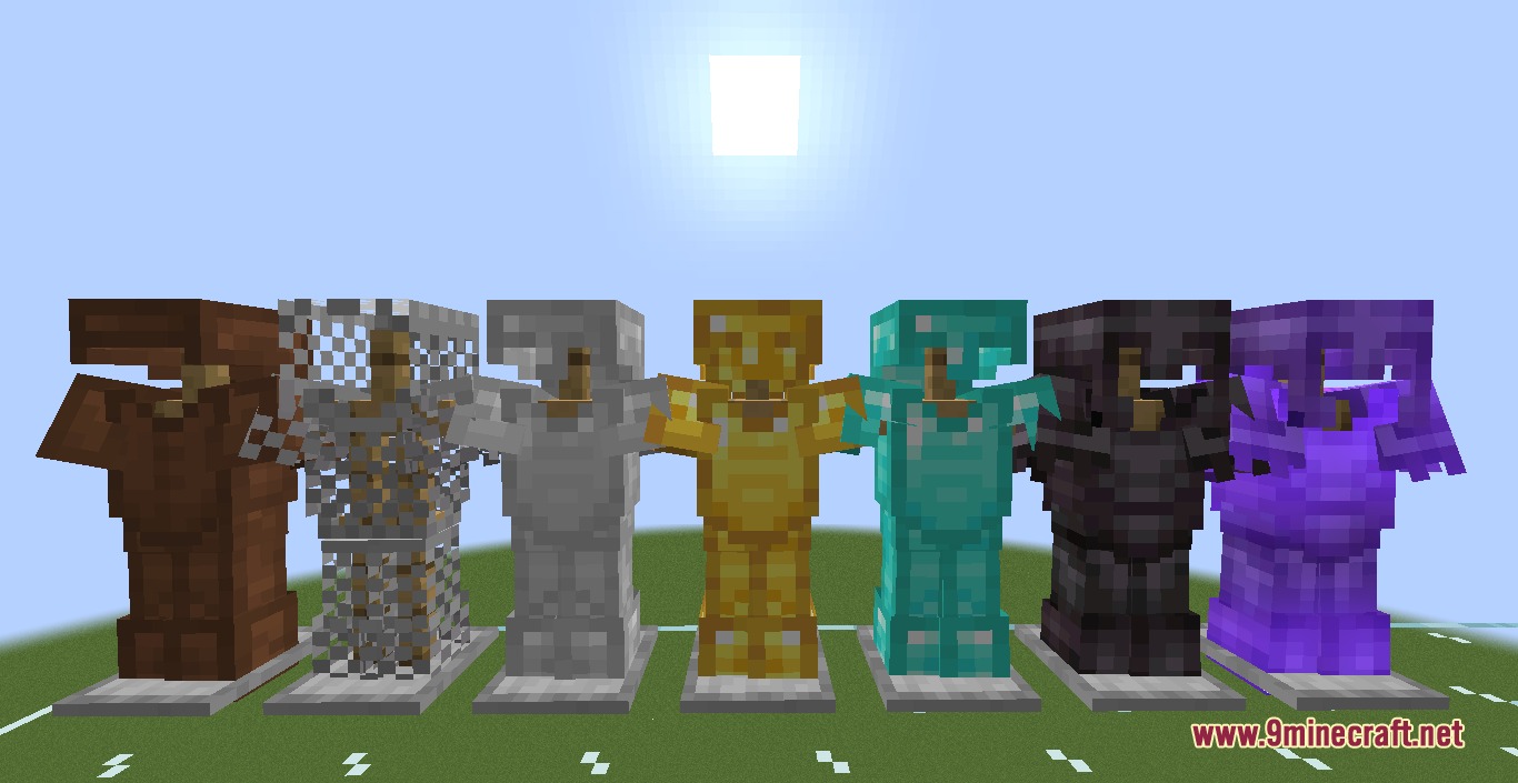 Crazy Pv P Pack Resource Pack Screenshot 7 A row of armor stands displaying various armor sets from Crazy PvP Pack
