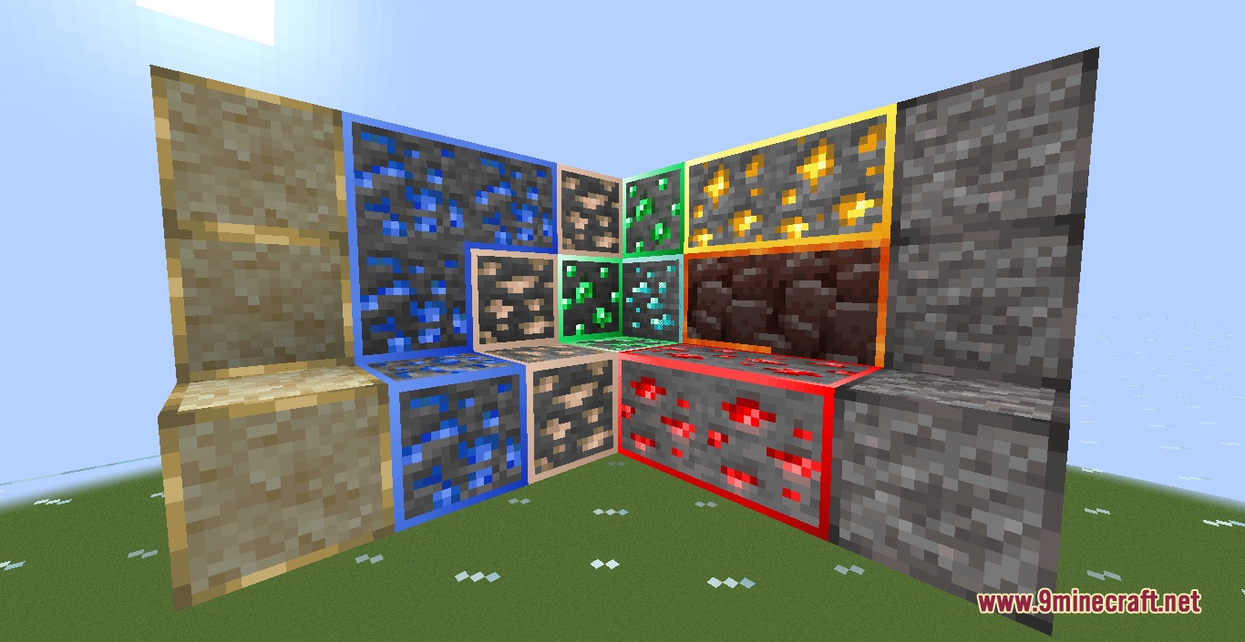 Crazy Pv P Pack Resource Pack Screenshot 8 Minecraft ore blocks with glowing colored outlines for better visibility in caves