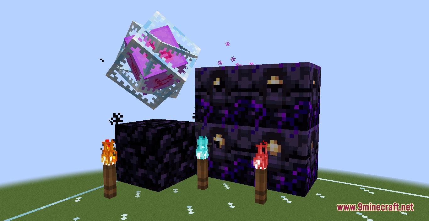 Crazy PvP Pack Resource Pack Screenshot 3 An End Crystal floats near crying obsidian blocks and colorful torches