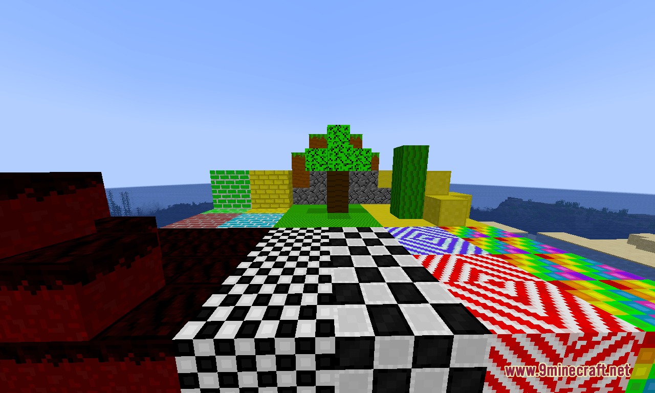 Crazy Weapons RPG Mod Screenshot 1 Showcase of colorful patterned blocks with a tree and a cactus