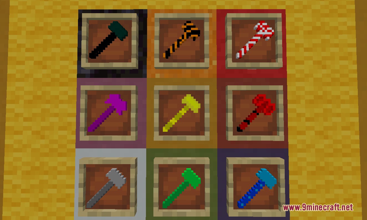 Crazy Weapons RPG Mod Screenshot 2 Nine different colored hammer weapons displayed in item frames on a wall
