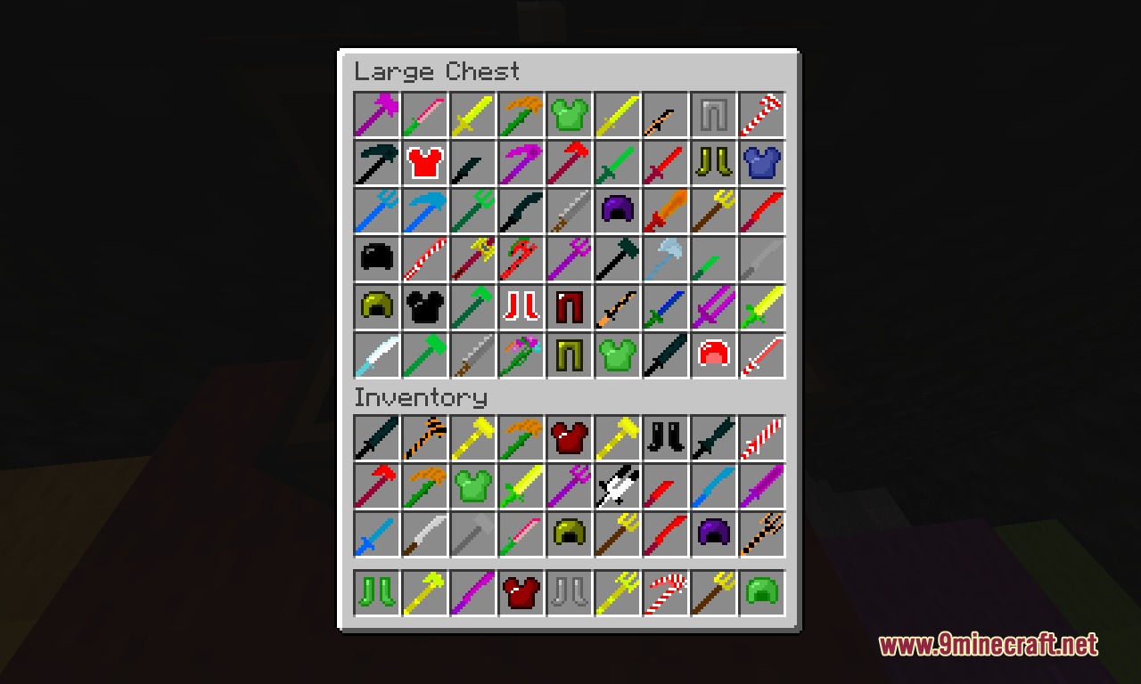 Crazy Weapons RPG Mod Screenshot 3 A large chest and player inventory filled with many colorful custom weapons and armor