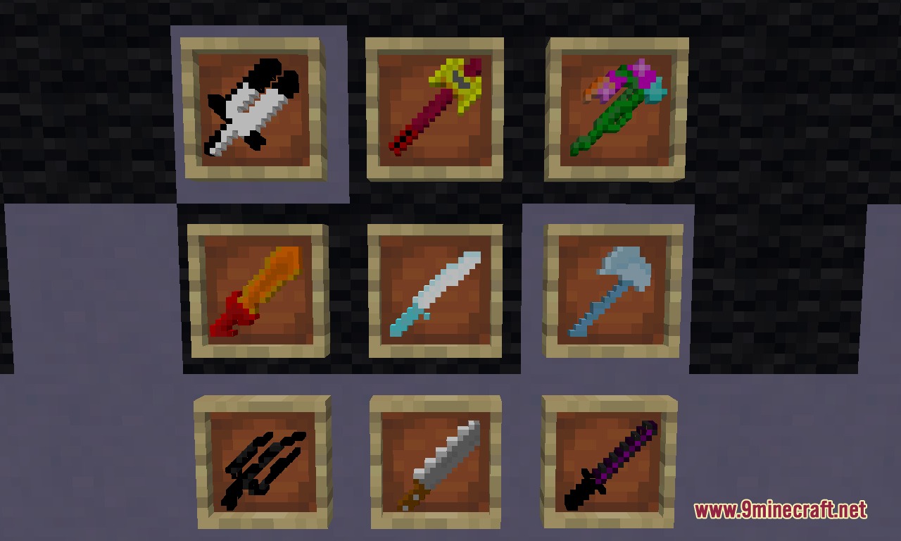 Crazy Weapons RPG Mod Screenshot 4 Nine item frames on a wall displaying various unique and powerful custom weapons